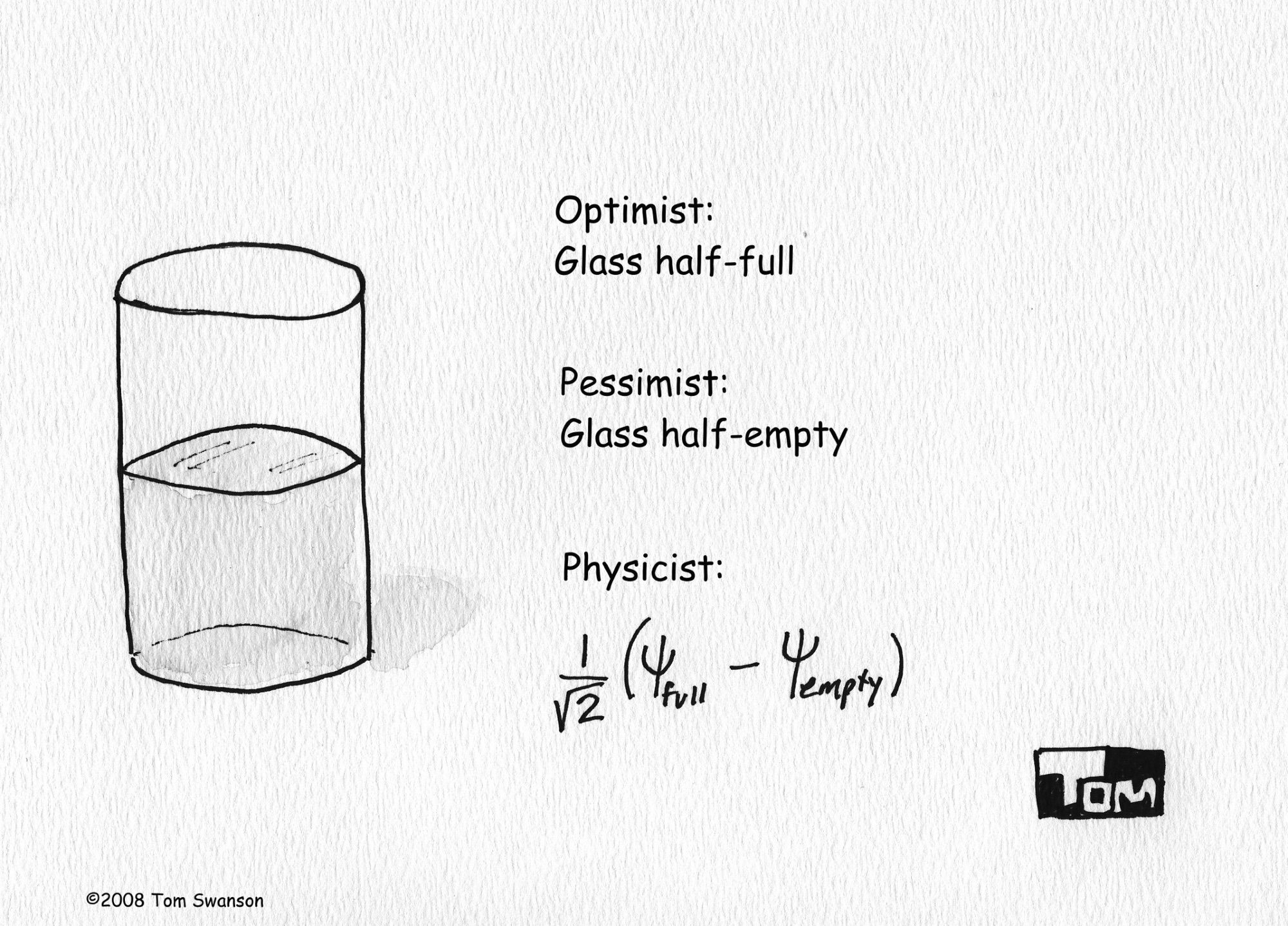 Cartoon by me showing a half-full glass
Optimist: Glass half-full
Pessimist: Glass half-empty
Physicist: (quantum mechanics equation showing an antisymmetric superposition of full and empty state wave functions)