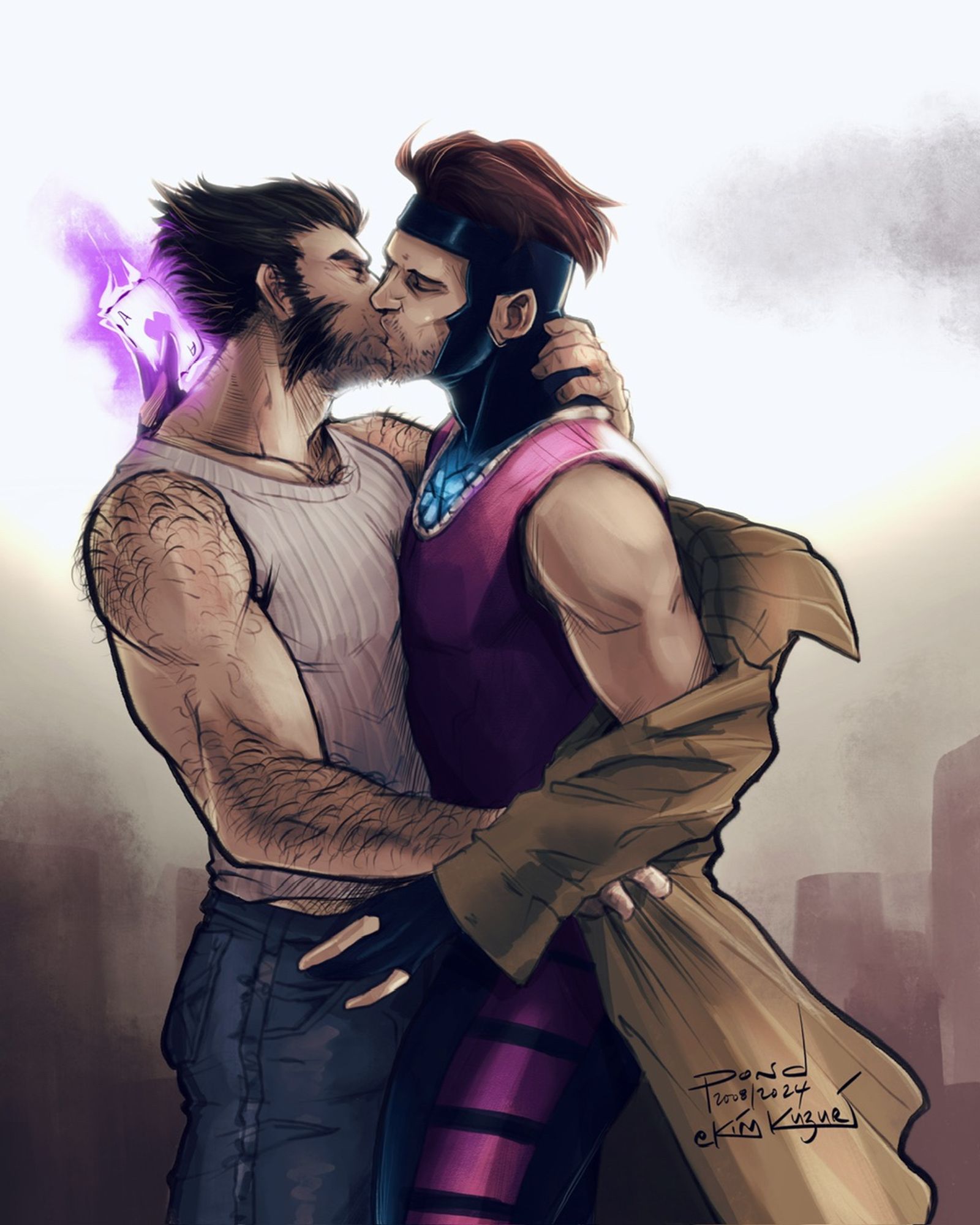 Fanart of Logan in a tank top and jeans and Gambit in his classic look kissing. Logan's pulling Gambit in by a hand on the back of his neck and a hand at his waist, while Gambit has a thumb hooked in the waist of Logan's jeans and has a card flaring behind Logan's back.