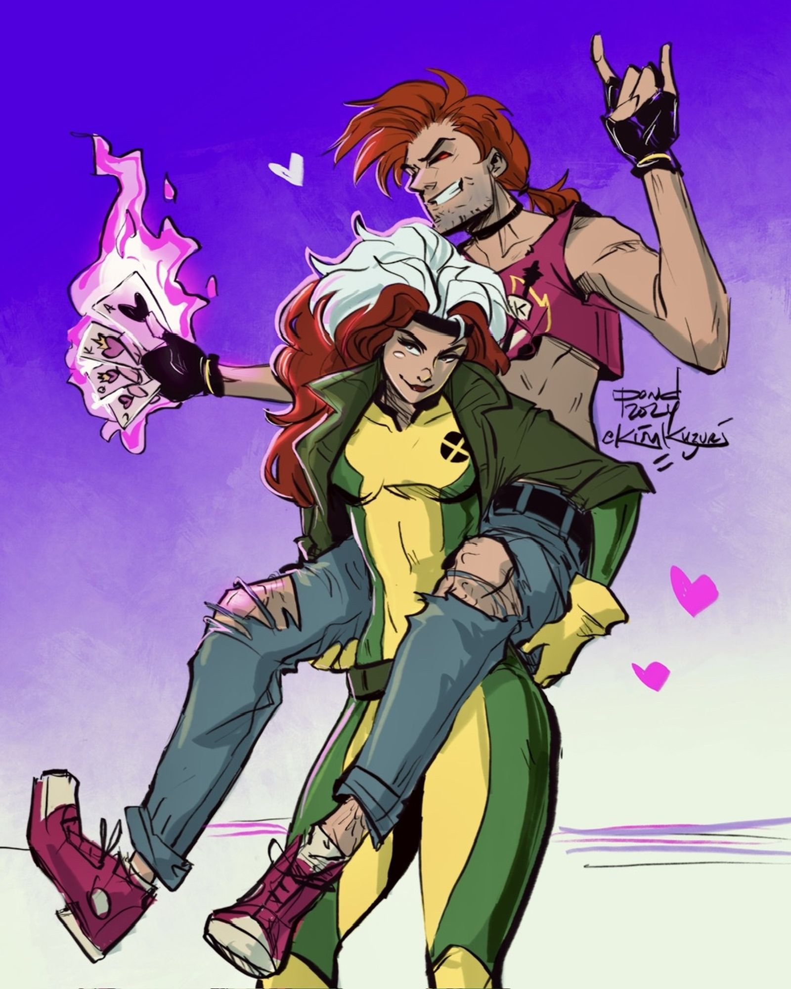 Fanart of Rogue and Gambit. Rogue is carrying Gambit piggyback with a flirty little smile on her face. He's in the 97 crop top and making metal horns with one hand and spreading a fan of flared cards in the other.