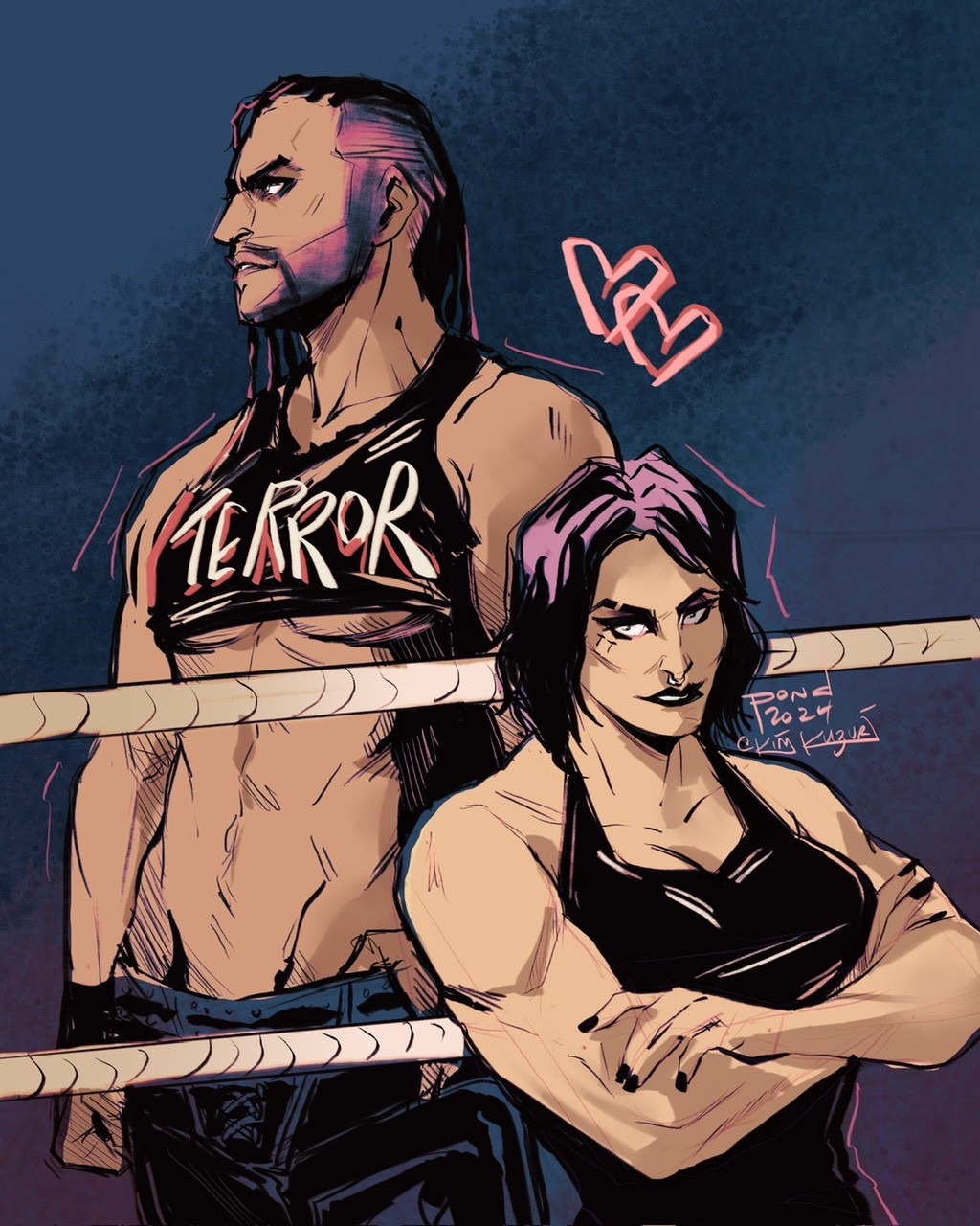 Fanart of Damian Priest and Rhea Ripley. Damian is behind the ropes in a croptop that says TERROR with underboob and very low slung ring gear pants looking off camera. Rhea is in front of the ropes with her arms crossed and a smirk with TT under her eye.