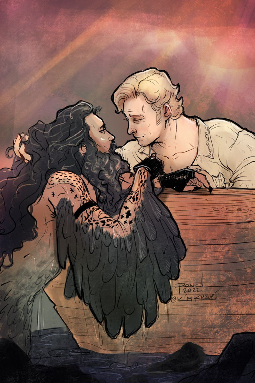 OMFD fanart with Ed as a feathered Siren coming out of the water to hang on the edge of a rowboat. Stede is running a hand through Ed's hair as they gaze at one another.