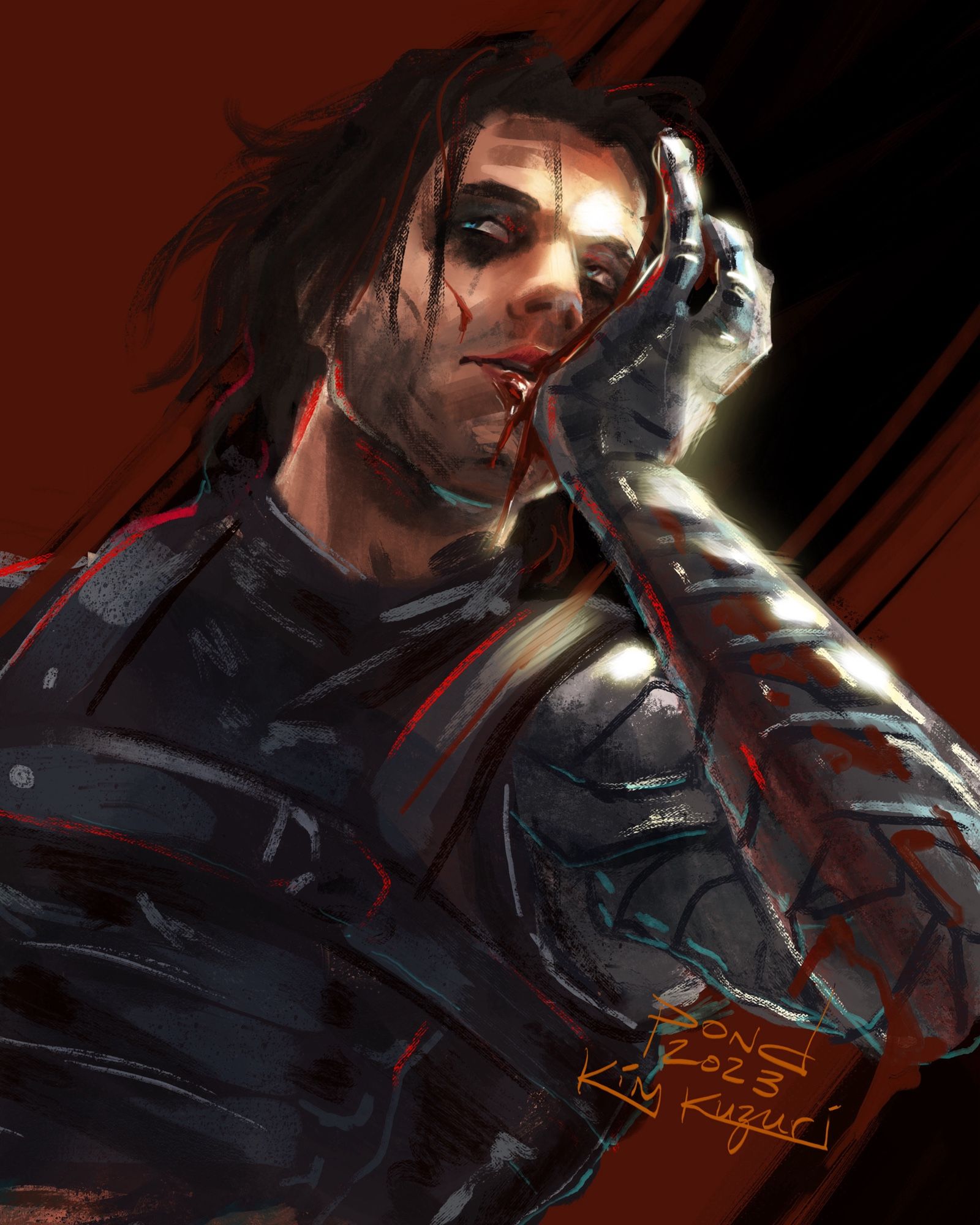 Fanart of winter soldier Bucky Barnes pressing the heel of his metal hand to his mouth. There’s blood dripping off his lip and down his arm. Art by Kim Kuzuri