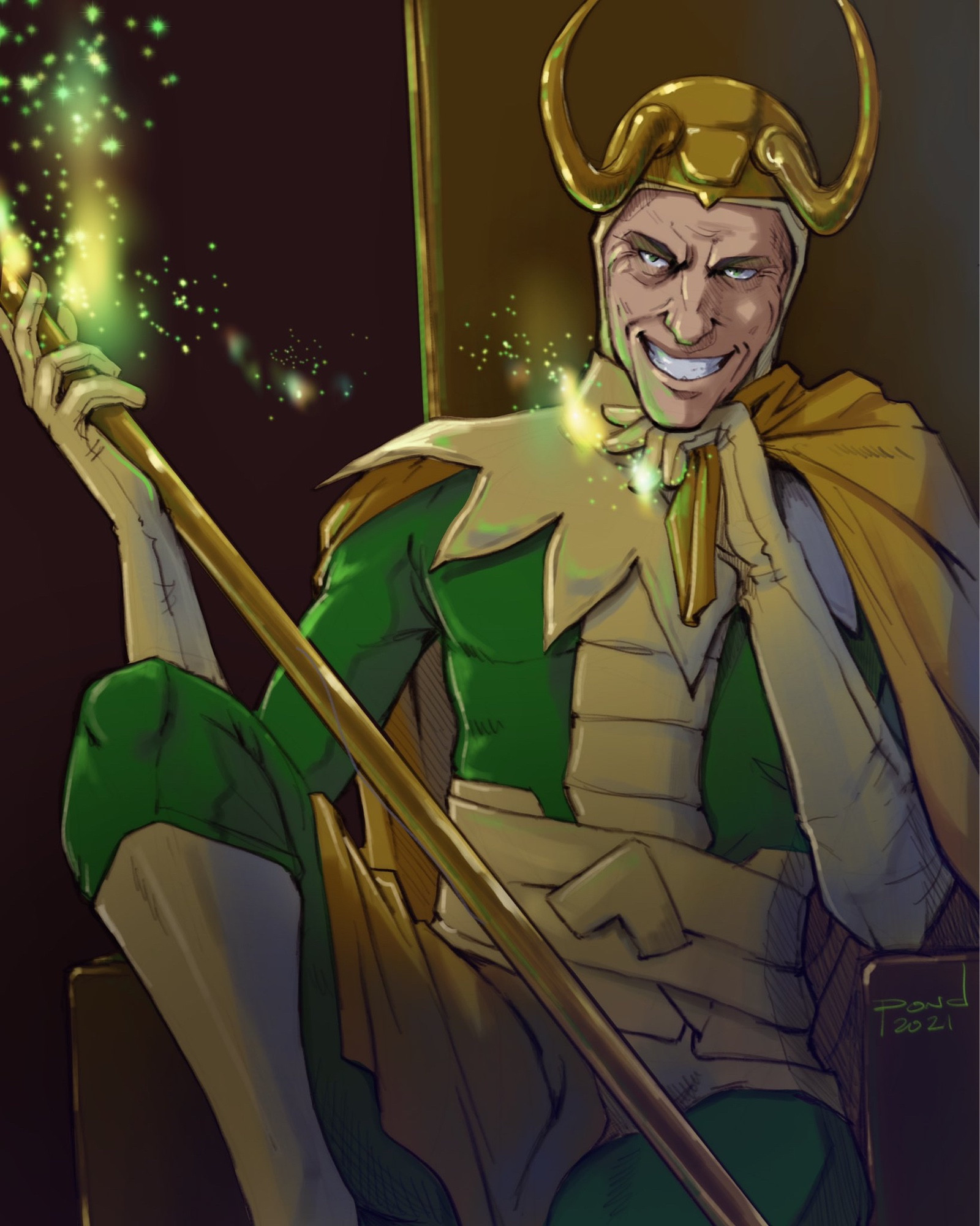 Fanart of Loki (tv) of Classic Loki sitting on a throne holding a staff. He has his hand under his chin and a big grin. Glimmers of green magic spark at his fingertips.