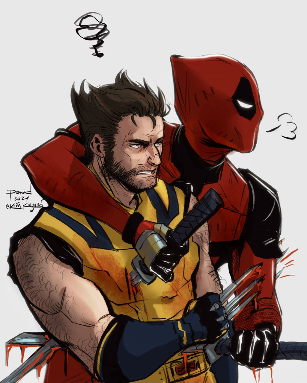 Deadpool and Wolverine fanart with both of them looking annoyed and tired. Wade has an arm around Logan's shoulders and is casually stabbing him with both katanas while Logan has his claws stabbed through Wade's arm.