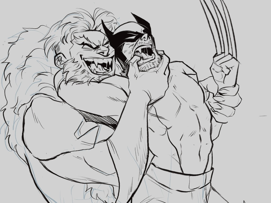 inked wip fanart of sabretooth grabbing wolverine from behind with one hand on his neck and thumb going into his mouth and the other grabbing his forearm where his claws are out