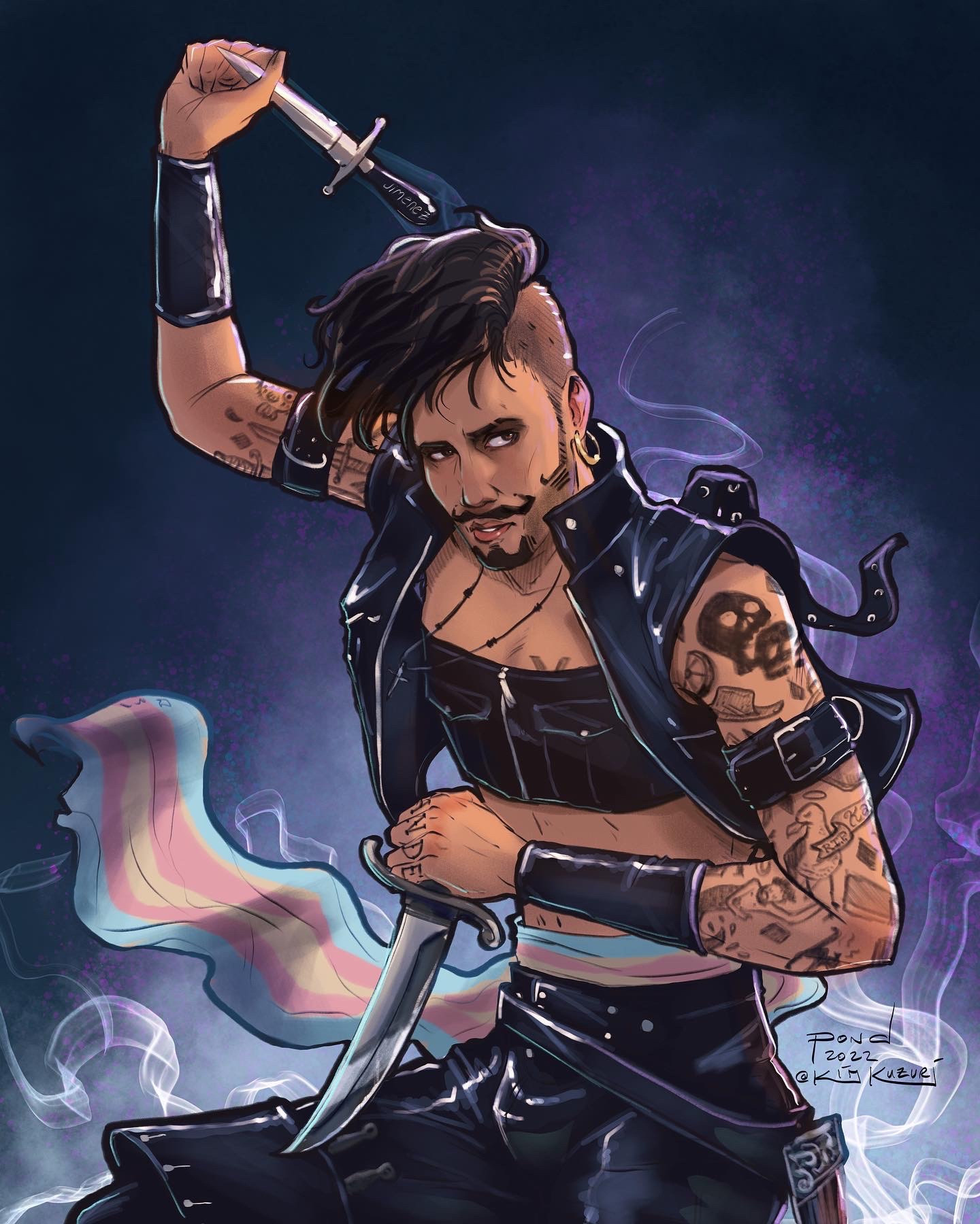 Fanart of Jim from OFMD in leather dual wielding knives and tatted up. There’s smoke rising behind them and they have the trans flag as a sash.