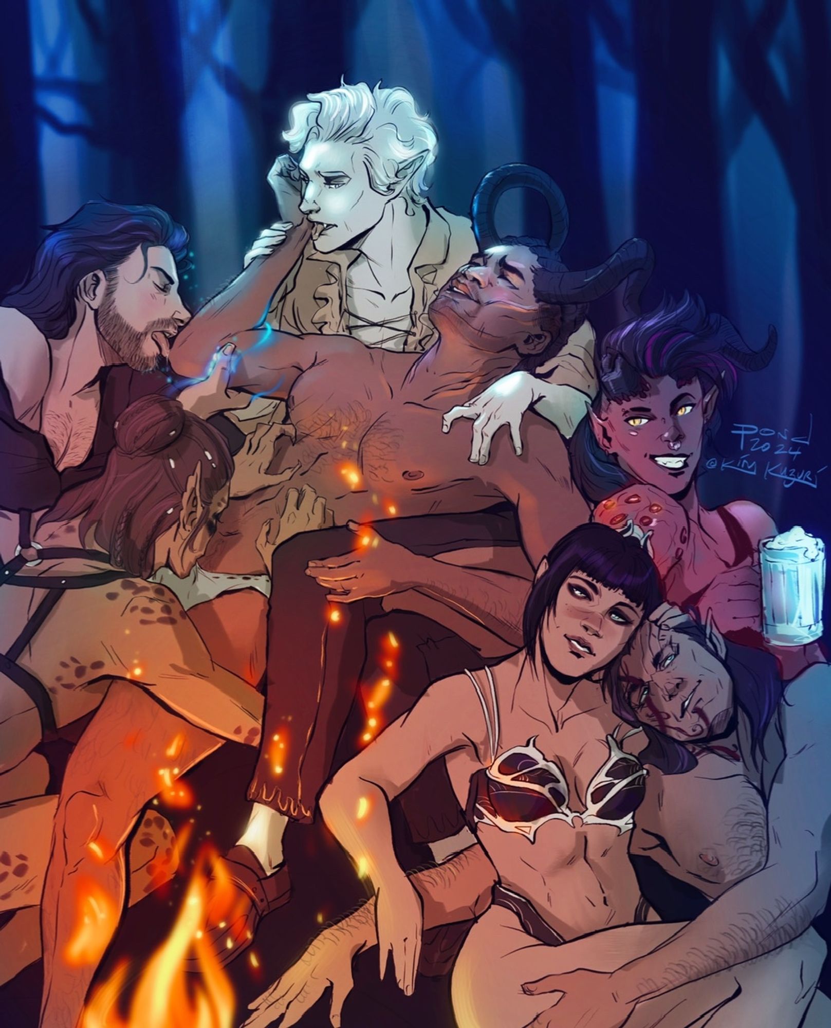 Baldur's Gate fanart featuring Wyll and Astarion in the middle of a big pile of the tadpolycule who are in their underclothes. Wyll is draped against Astarion who is the only one fully clothed. Astarion is licking Wyll's wrist and Gale is leaning in to lick Wyll's elbow while Lae'zel is crouched between Wyll's legs and biting at his underwear. Piled up on the other side is Karlach with a beer, and Halsin lounging against Shadowheart.