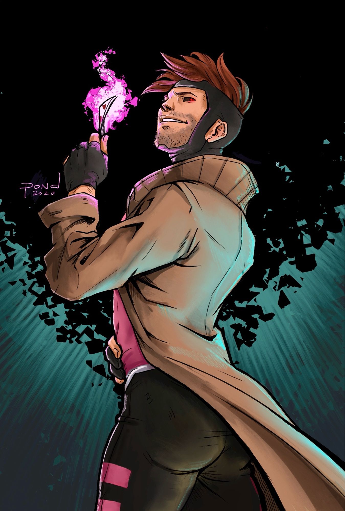 Fanart of Gambit looking back over his shoulder. He’s holding a charged card and his coat is flaring out so you get a nice looked at his butt. 🍑 Art by ponderosa121 / Kim Kuzuri