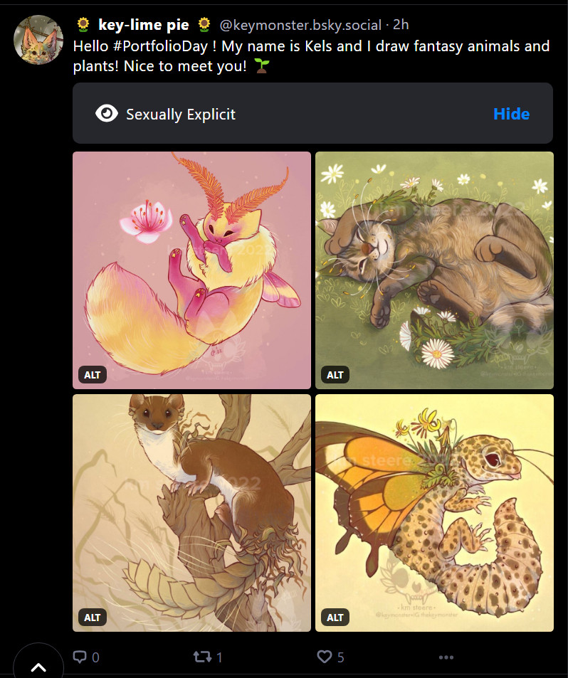 Screenshot of keymonster's portfolio day post with it flagged as sexually explicit by Bluesky, even though it is four perfectly innocent and wholesome pieces of animal art.