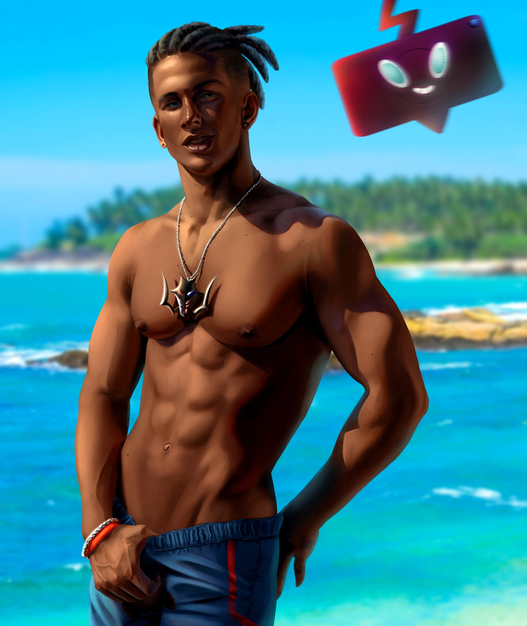 Raihan posed in front of a beach and ocean. He is a man with dark brown skin highlighted by the sun, with strong cast shadows beneath his pecs, on his arms and beneath his neck across his shoulder. He is shirtless, wearing a silver necklace with a dragon pendant, silver chain bracelet and red wristband. He wears dark blue swimming trunks with a red stripe. He has a fade on either side of his head, with black dreadlocks pulled back into a spiky style. Gold earrings are in both his ears. He looks to a Rotom phone floating through the air with a smile longer on one side, and is posed with one hand resting behind him and the other tugging down slightly at his swimming trunks. He has an athletic, inverted triangle build.