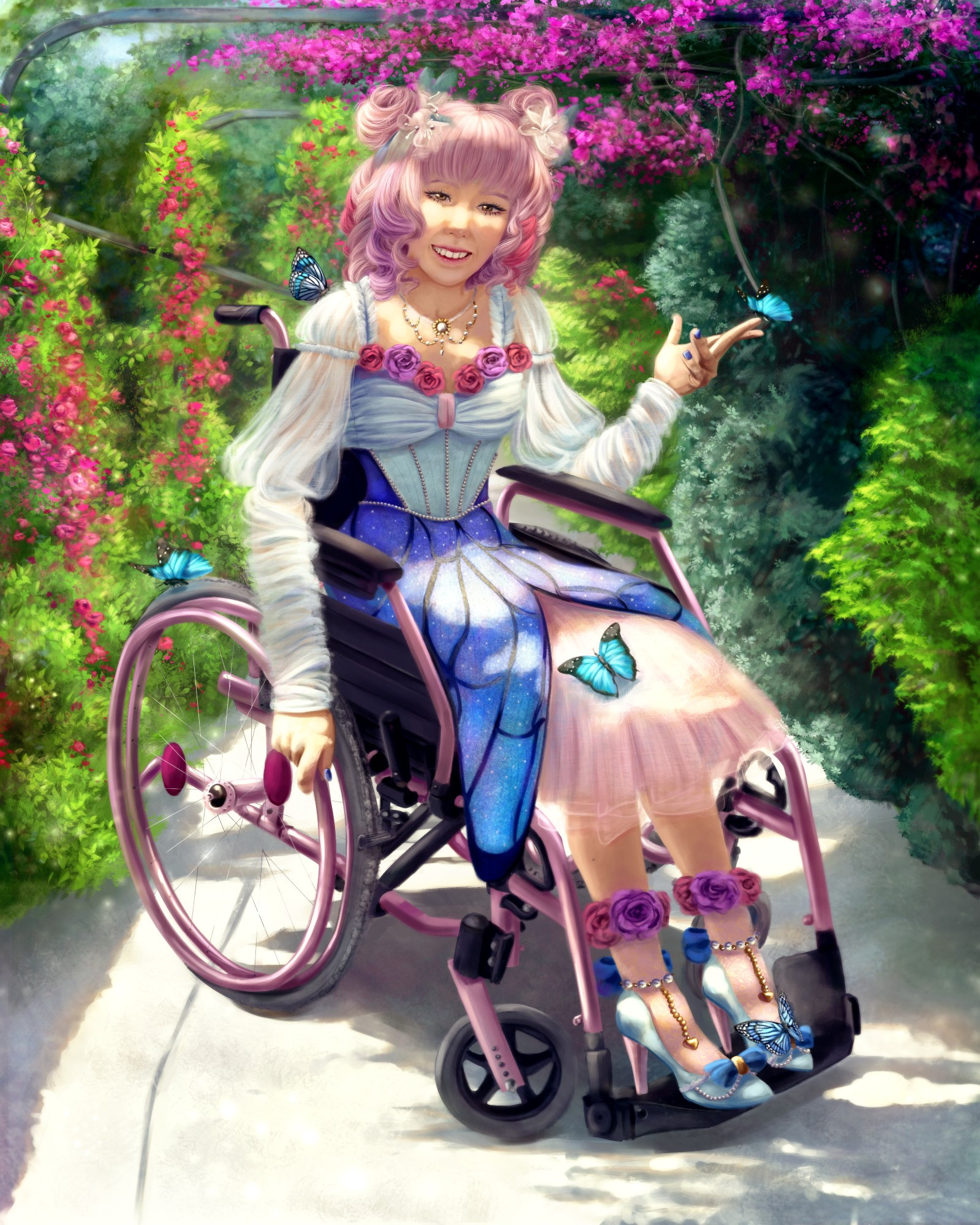 A digital painting of a Japanese woman in a wheelchair with pink metal and black seating. She is located in a garden centre with green bushes and pink blossoms. The ground is highlighted with bright sun seeping through tree leaves. This same sun highlights her face and body. She looks to the camera with a smile, and wears a lolita outfit with a tulle pink skirt, blue tulle sleeves and chest with roses on the bodice, a butterfly-pattern overlay skirt and blue heels, with lacy socks that have roses on them. She wears a pink wig with hot pink and purple sections. She holds onto the wheel of her wheelchair with one hand, whilst her other hand reaches to a blue butterfly. There are other butterflies on her shoulder, her wheelchair, her lap and her foot.