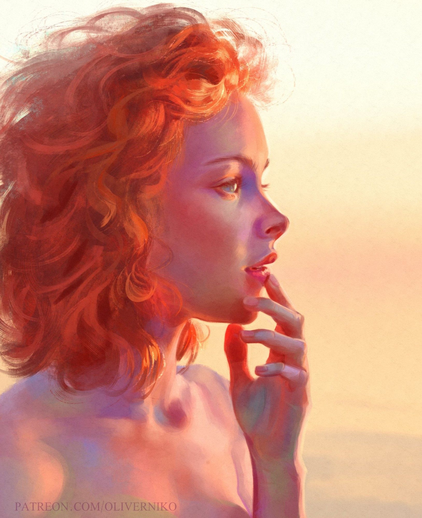 A feminine side profile. They have wavy red hair and rest fingers to their lips, hit with warm tones at sunset.