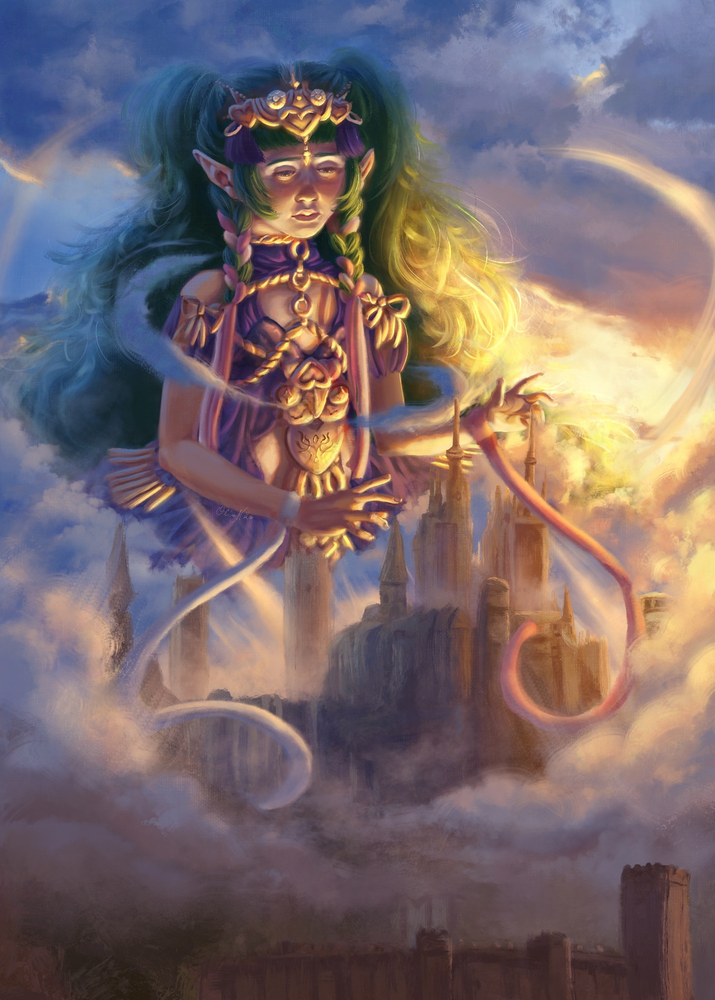 A digital semi realism painting with oil like brushes, showcasing Sothis, a youthful goddess with light skin and long, wavy emerald green hair in thick ponytails. She wears a blue purple dress with a black leather chest piece and golden details down her torso and on a thick circlet. She holds her hands over Garreg Mach, a castle in mountains surrounded by dramatically shaped clouds that swirl around her. Behind her are more natural clouds hit with sunlight. This casts Sothis in a golden glow from the side and beneath her, casting highlights on the lower half of her face.