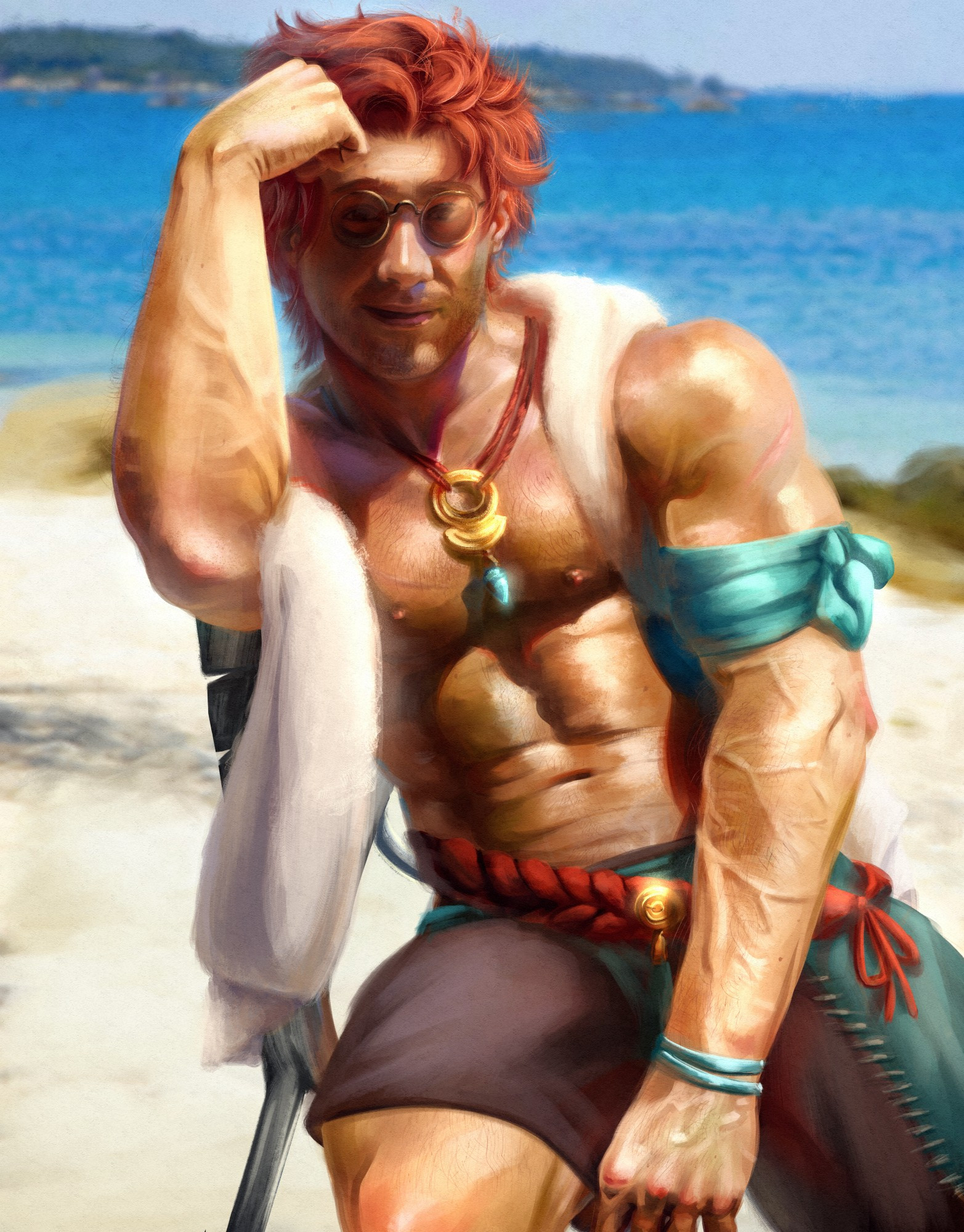 Sylvain from Fire Emblem is a muscular man with spiked red hair. He is lounging on a beach bench, resting his arm against the back of it with knuckles against his head as he looks to the camera with a smile. Sunlight gleams off his body and casts dark cast shadows with vibrant blues, purples and reds. He wears sunglasses, a gold necklace with turquoise gem and matching arm tie and bracelets. He also wears black swimming trunks with a red belt and turquoise detailing.