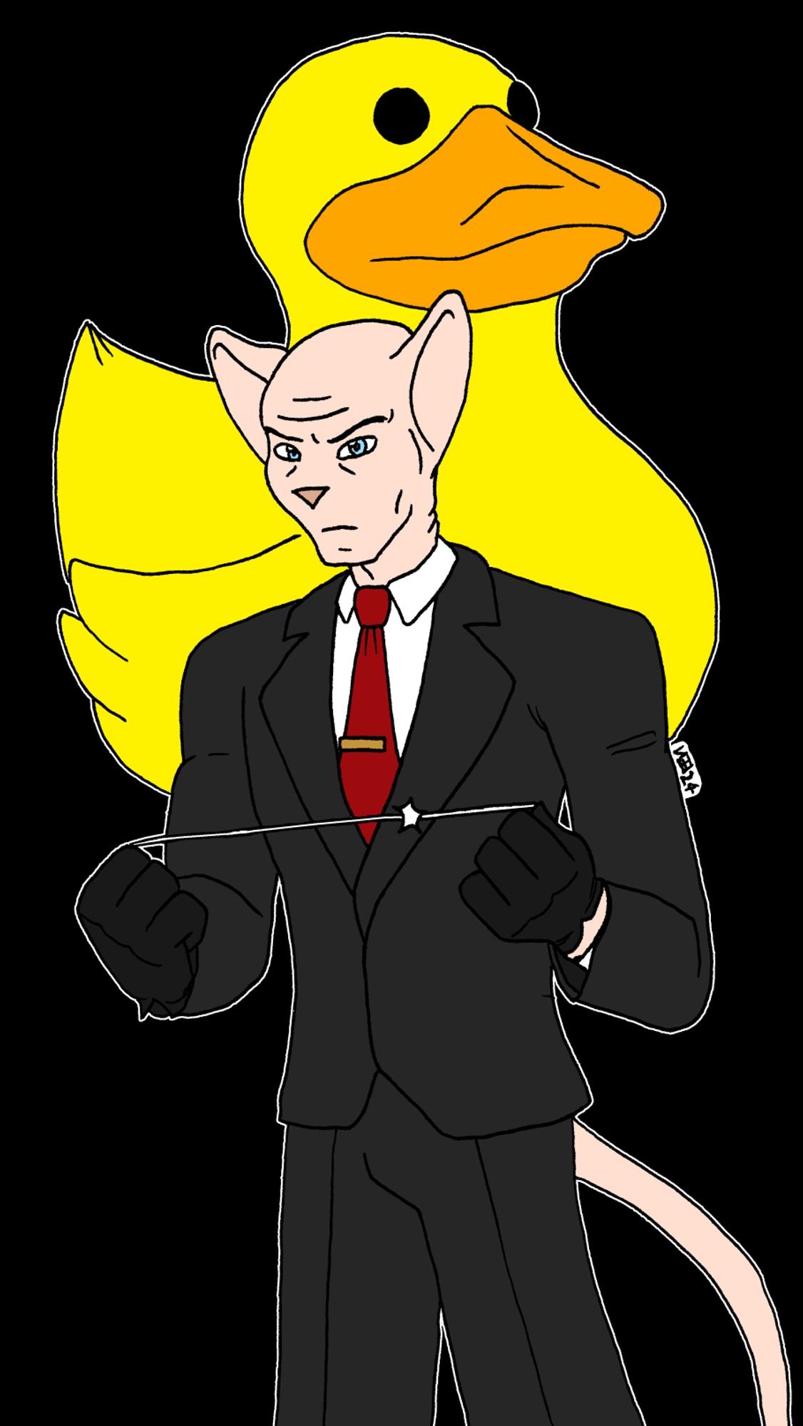 Picture shows Agent 47 from the Hitman video games as a sphynx cat with a large duck behind him