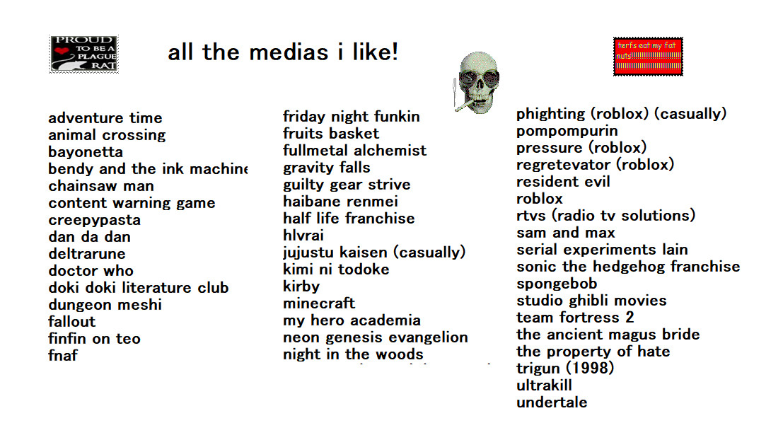 a list showing all the medias that I enjoy, now stated in order: also apologies, it is LONG! adventure time
animal crossing
bayonetta
bendy and the ink machine
chainsaw man
content warning game
creepypasta
dan da dan
deltrarune
doctor who
doki doki literature club
dungeon meshi
fallout
finfin on teo
fnaf
friday night funkin
fruits basket
fullmetal alchemist
gravity falls
guilty gear strive
haibane renmei
half life franchise
hlvrai
jujustu kaisen (casually)
kimi ni todoke
kirby
minecraft
my hero academia
neon genesis evangelion
night in the woods
phighting (roblox) (casually)
pompompurin
pressure (roblox)
regretevator (roblox)
resident evil
roblox
rtvs (radio tv solutions)
sam and max
serial experiments lain
sonic the hedgehog franchise
spongebob
studio ghibli movies
team fortress 2
the ancient magus bride
the property of hate
trigun (1998)
ultrakill
undertale