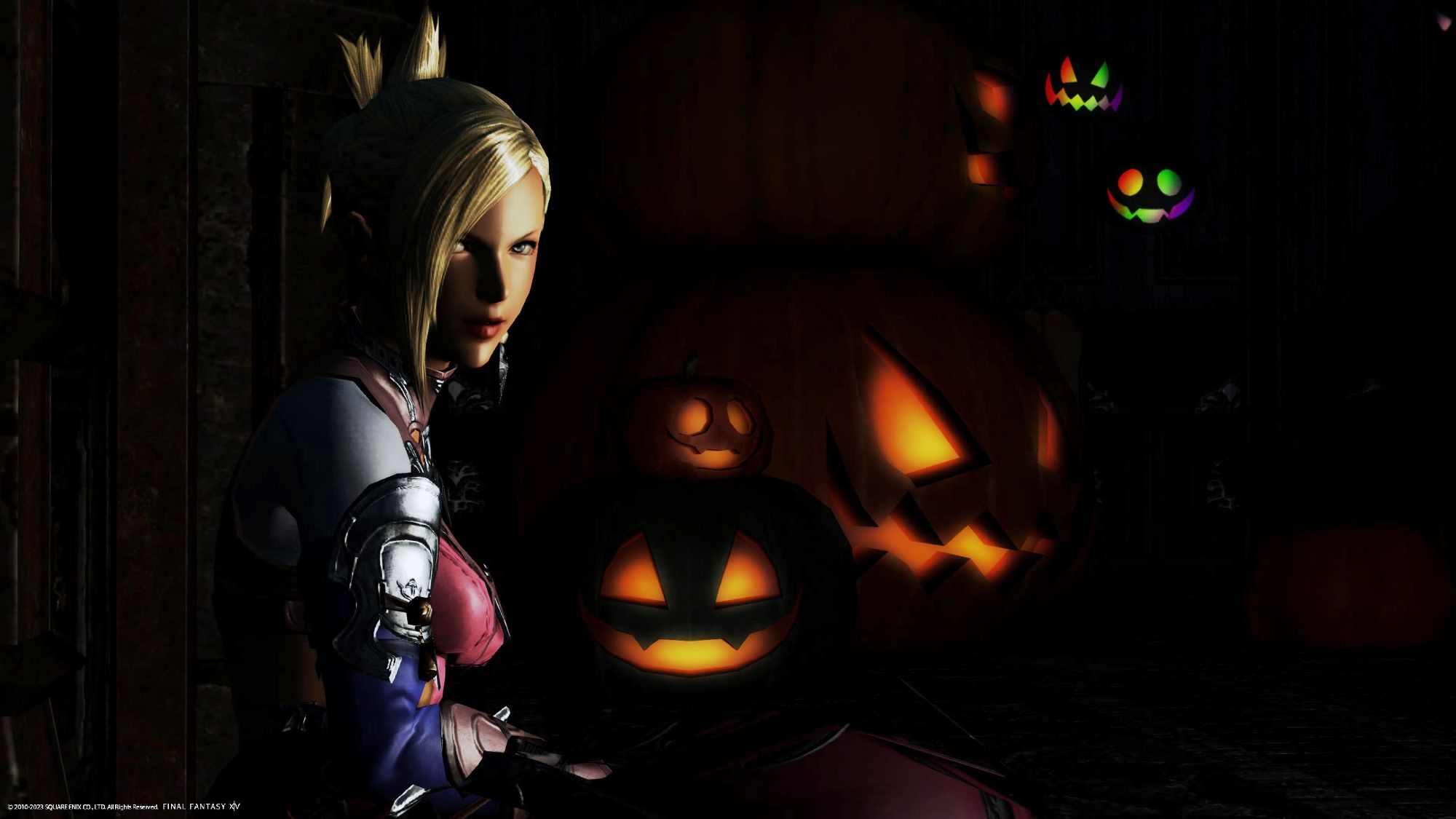 Screenshot from Final Fantasy XIV. Minfilia sits in front of a group of jack o' lanterns, looking angrily into the camera.