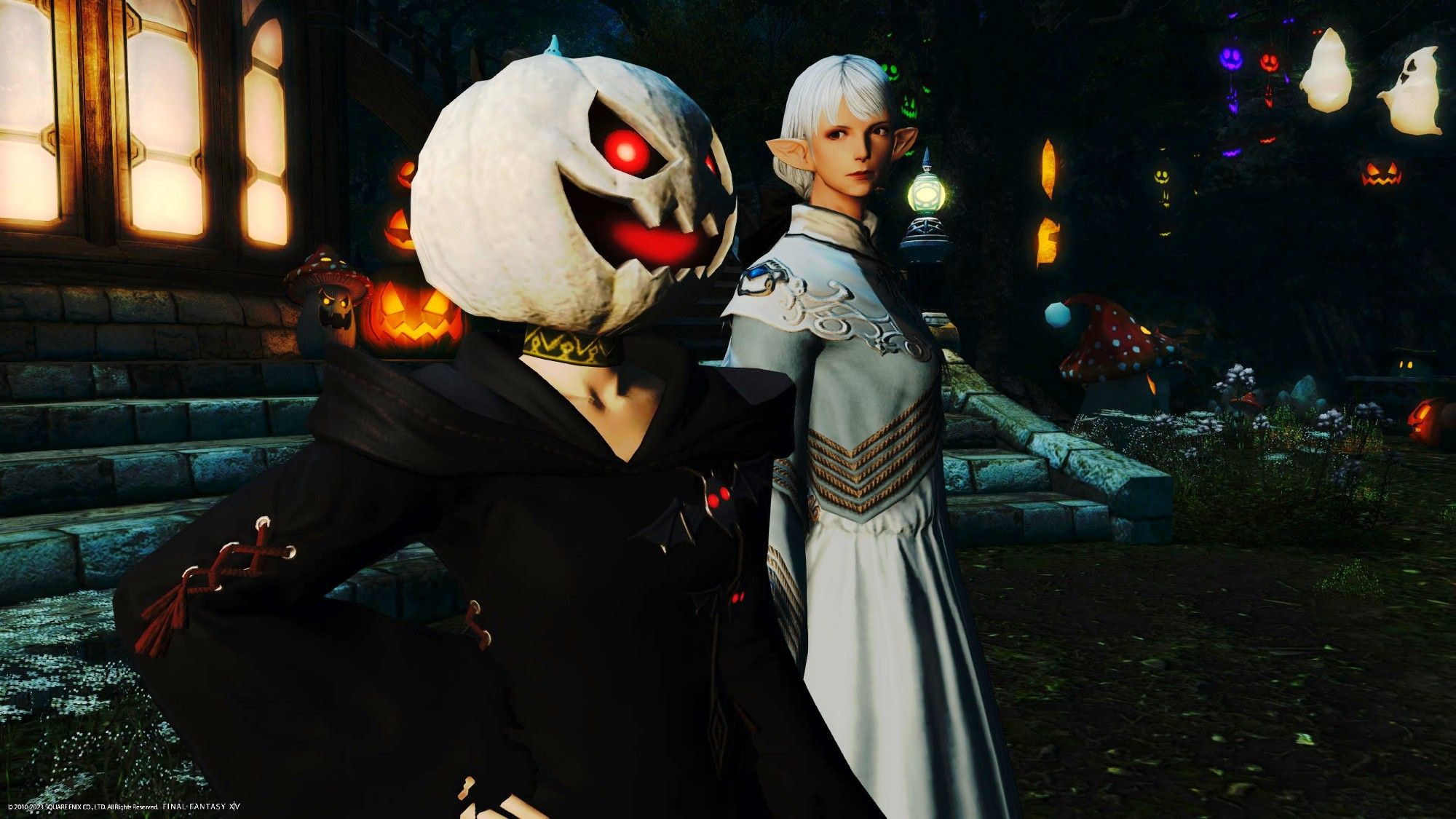 Screenshot from Final Fantasy XIV. Ameliance Leveilleur glances suspiciously at a figure to her right, clad in black and seemingly having a white jack o' lantern for a head.