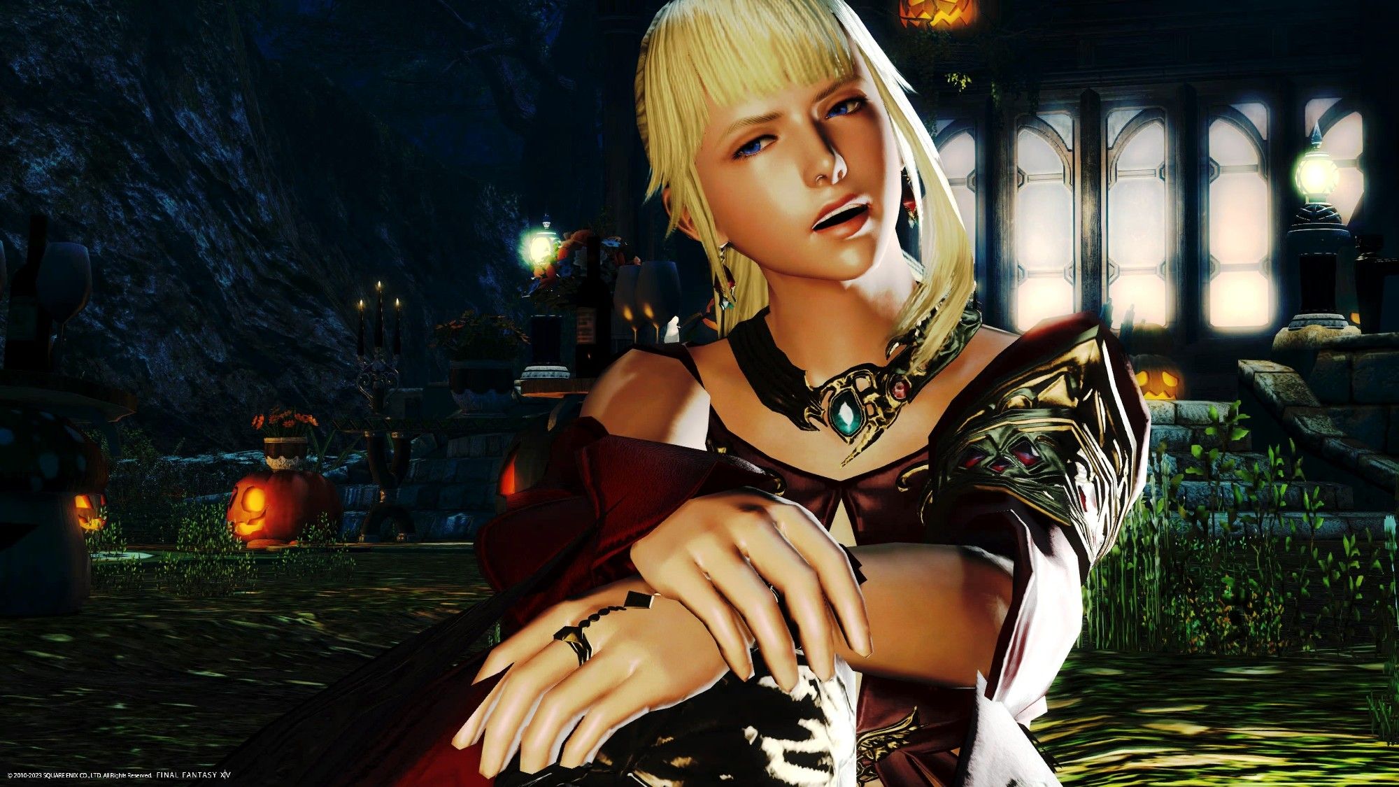 Screenshot from Final Fantasy XIV. Lyse sits outside of a mansion decorated for All Saint's Wake with a confused look on her face.