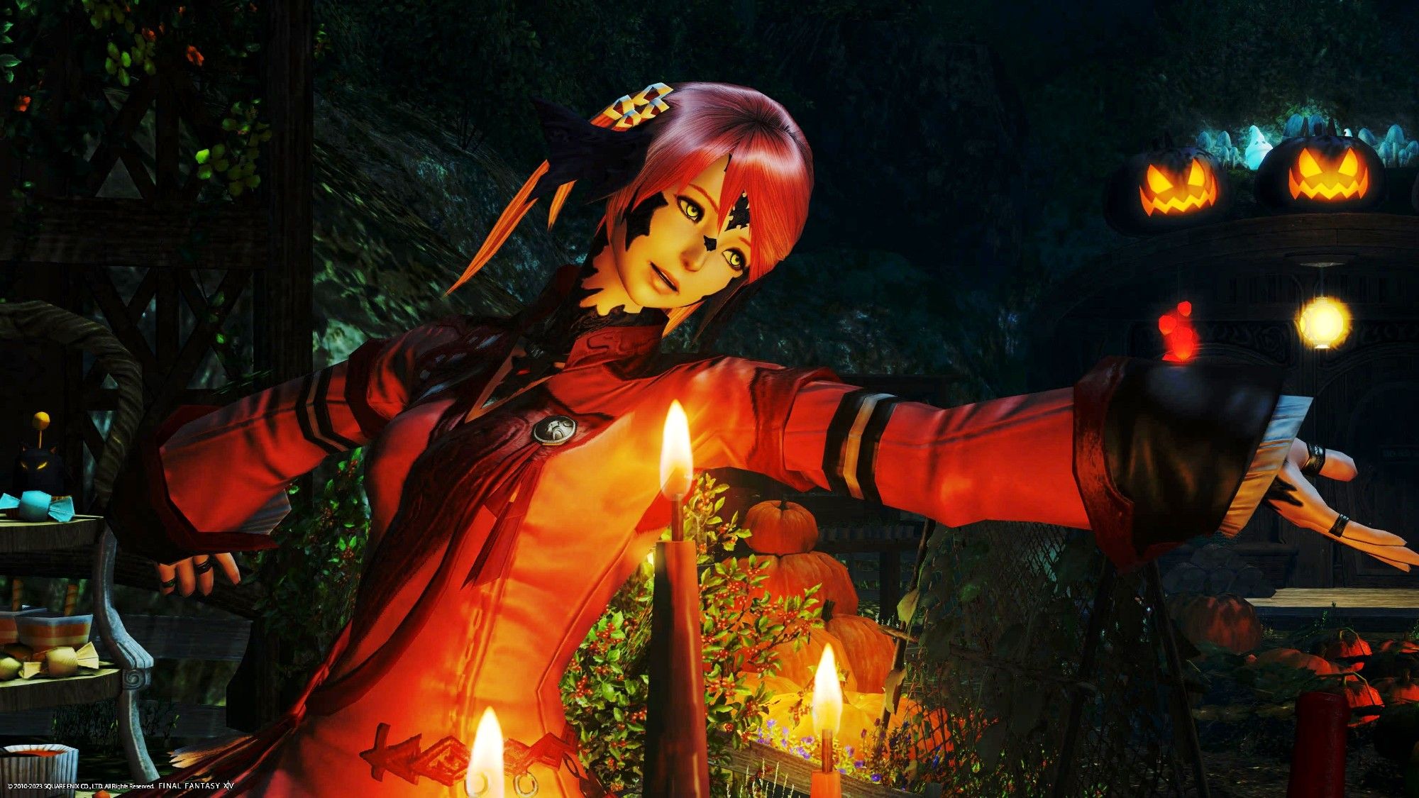 Screenshot from Final Fantasy XIV. Cirina stands, arm outstretched in front of three candles at the All Saint's Wake locale.