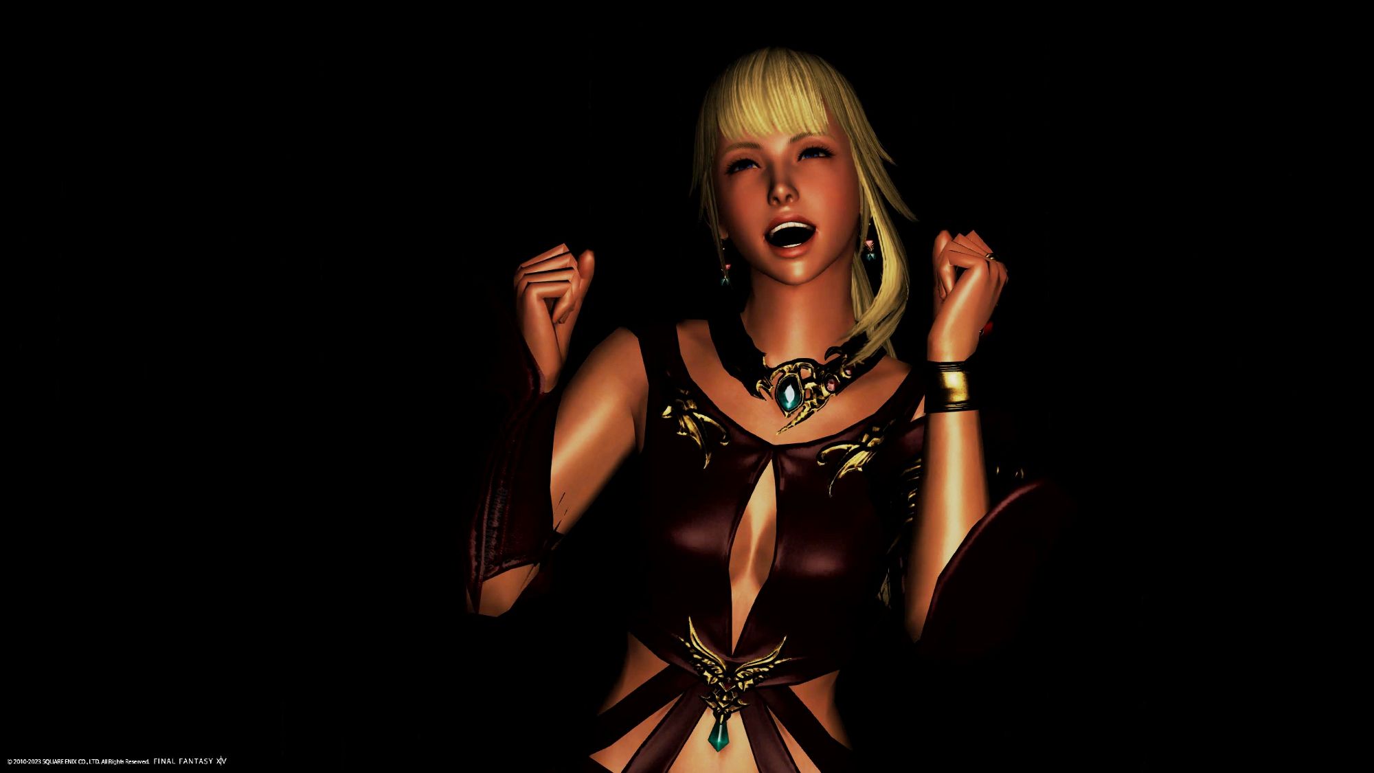 Screenshot from Final Fantasy XIV. Lyse celebrates.