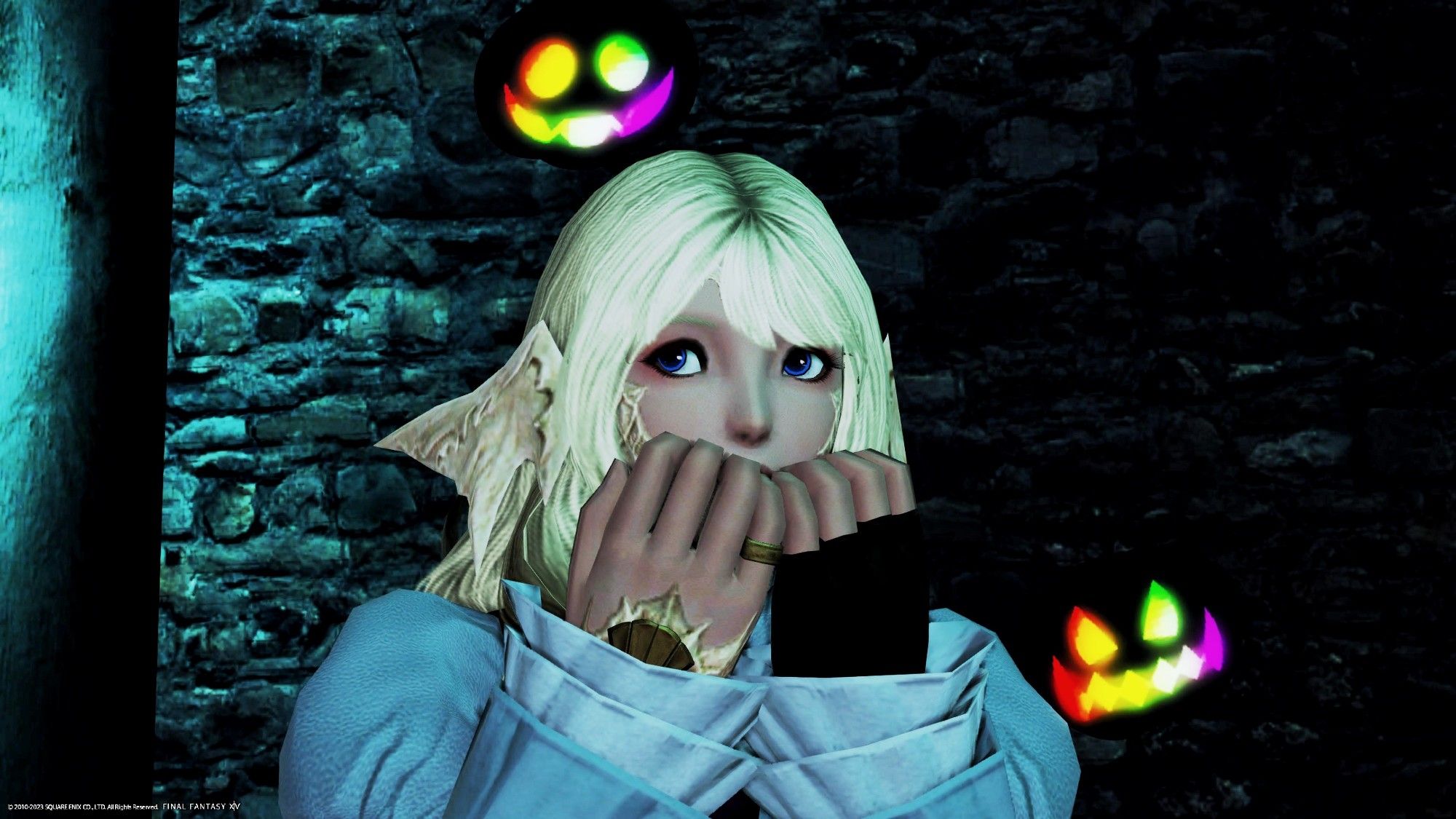 Screenshot from Final Fantasy XIV. Mikoto appears to be in some kind of dungeon with All Saint's Wake decorations on the walls. Her hands are up to her mouth and her eyes look terrified.