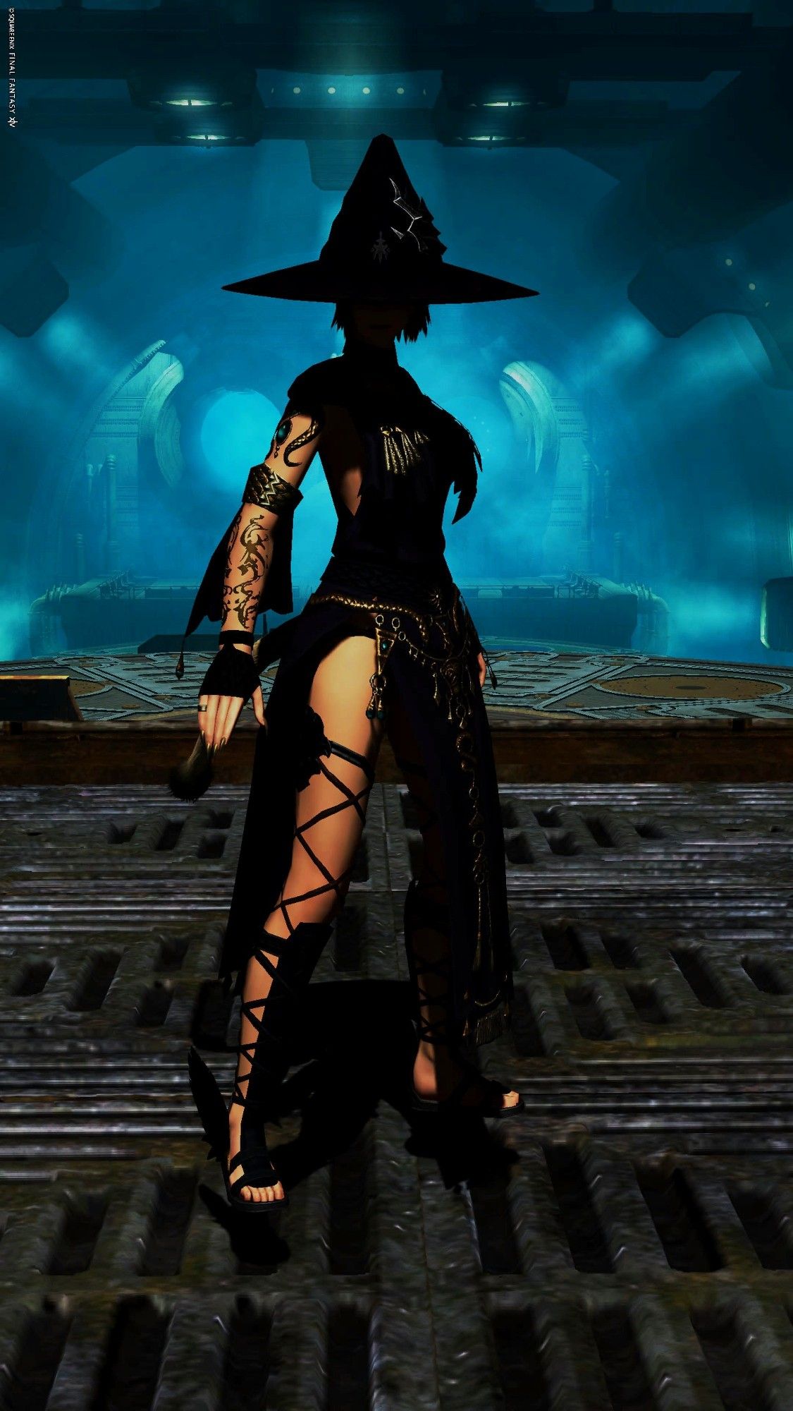 Screenshot from Final Fantasy XIV. I figure in a pointed hat stands against a blue background, mostly in shadows. Only the right arm and leg are exposed to the light.