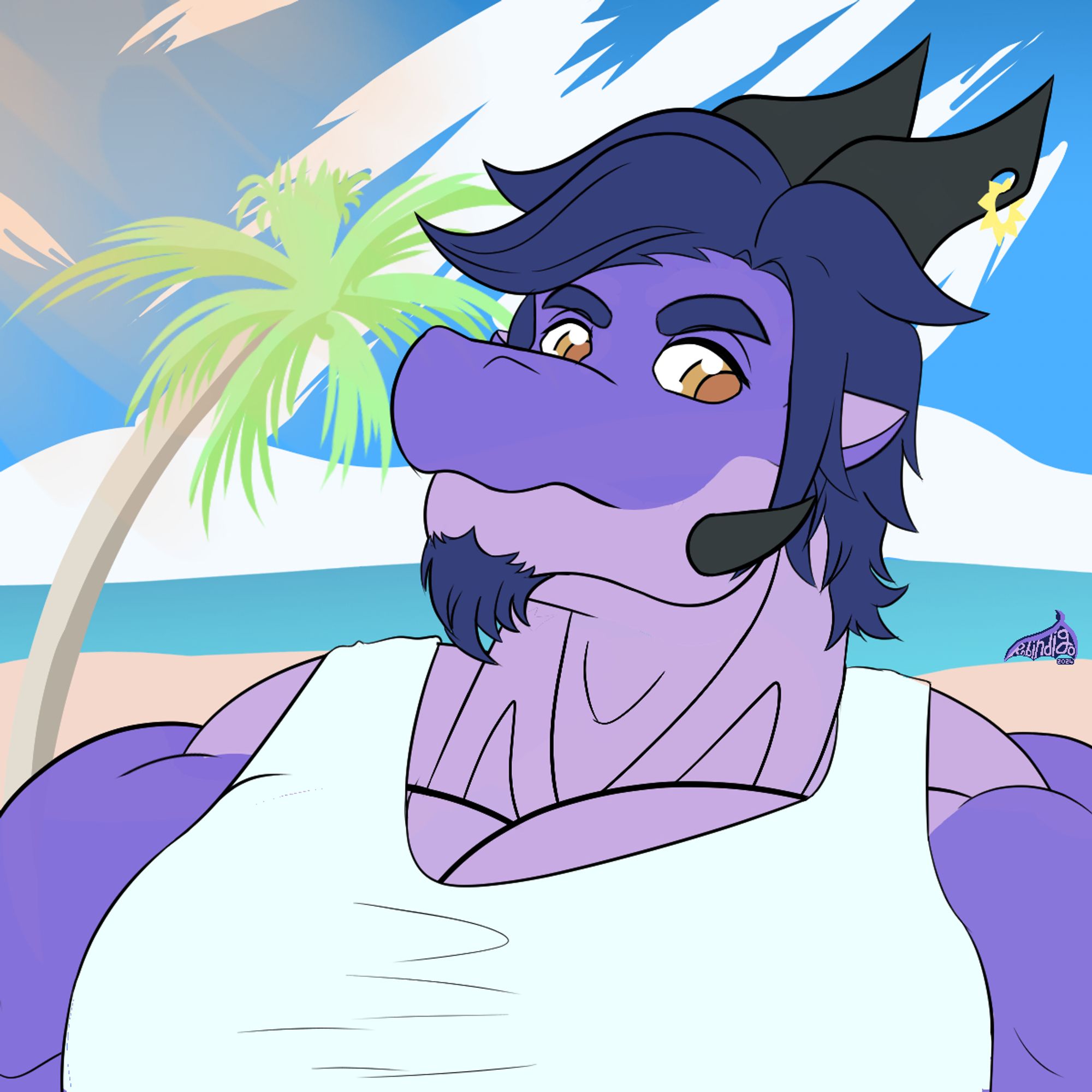 A dragon in a white tank top upset at being in the heat. He has a sun themed ring in his horn