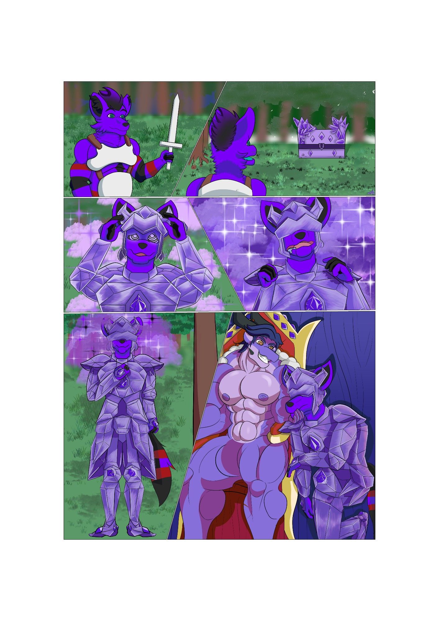 An adventurer embarking on a quest discovers a purple crystalline chest. Donning the armour he starts hearing voices and seeing sparkles from the crystal. These throw him into a trance, commanding him to obey his king and march to him. Kneeling at his side as a brainwashed knight~ Visor down.