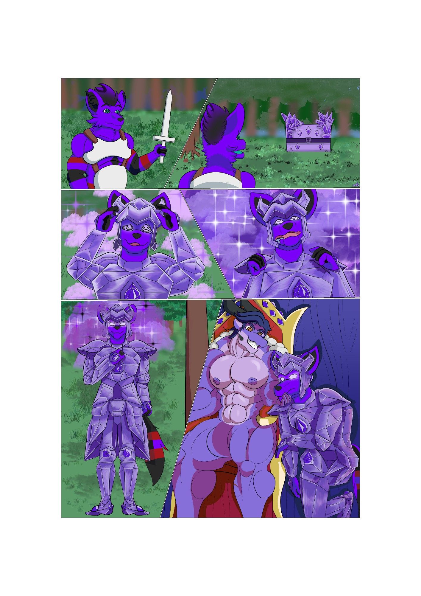 An adventurer embarking on a quest discovers a purple crystalline chest. Donning the armour he starts hearing voices and seeing sparkles from the crystal. These throw him into a trance, commanding him to obey his king and march to him. Kneeling at his side as a brainwashed knight~