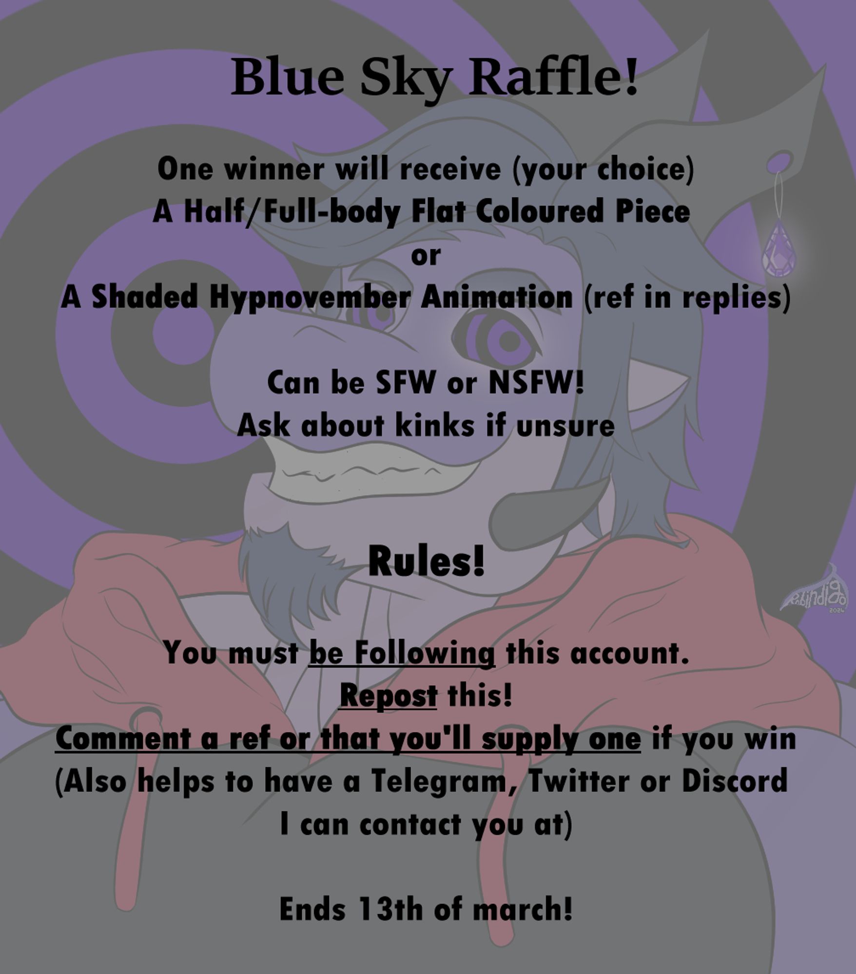 Art of Indigo with spirals. Blue Sky Art Raffle. SFW/NSFW. Kiink friendly. To enter, follow, repost, comment a ref and optionally a means of DMing you.