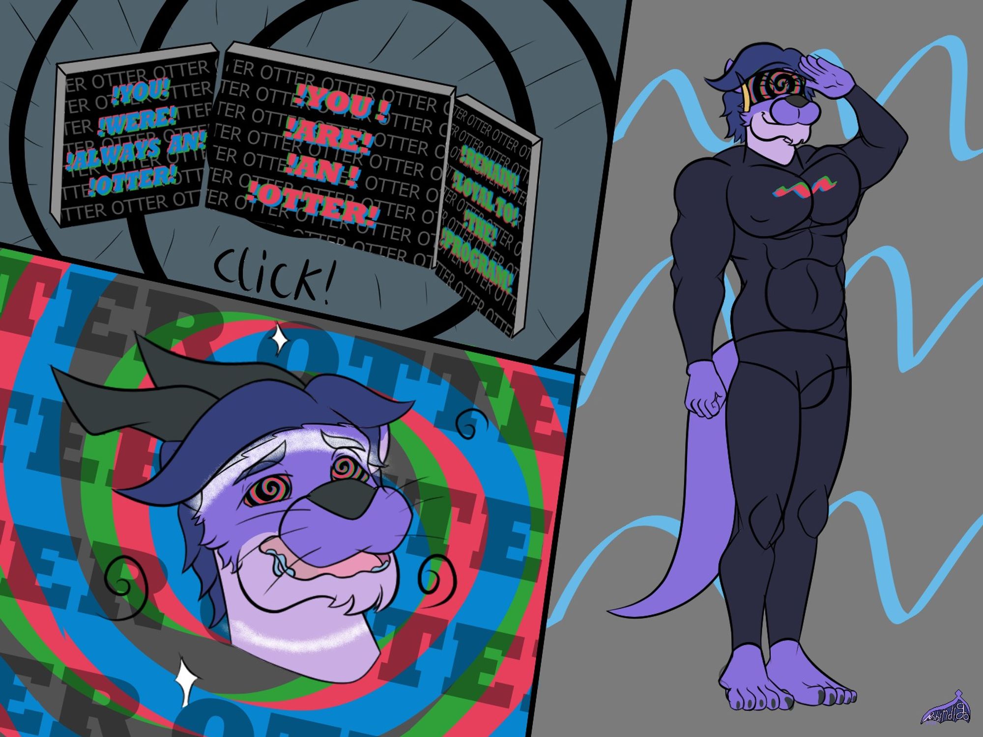 First frame depicts spirals and propaganda reminding the dra-otter that he is an otter and has always been one.

Second frame him becoming who he truly is, an otter that obeys and sleepwalks.

Third frame him in a wetsuit as the otter he always has been, saluting and ready for orders.