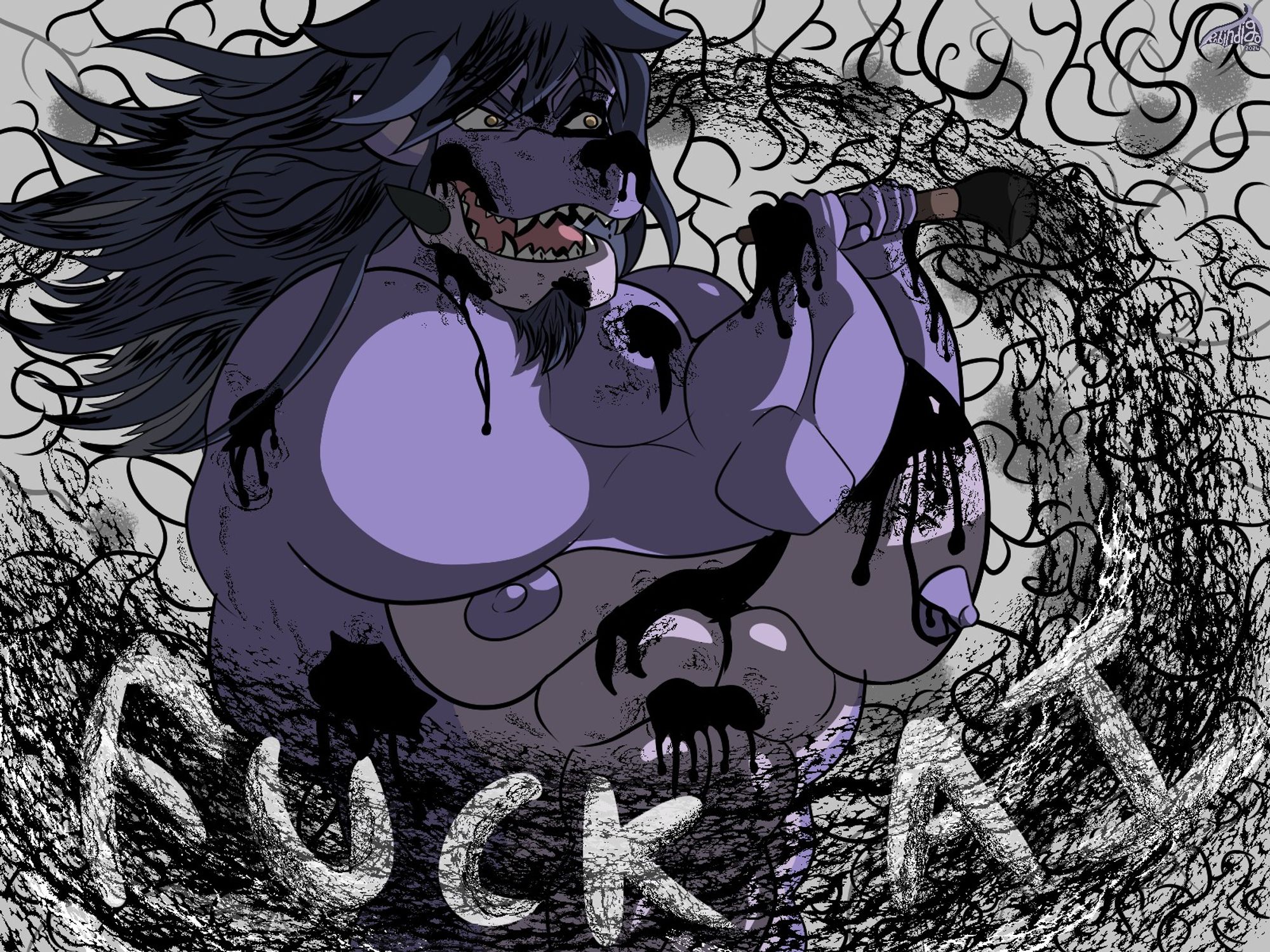 A purple dragon swings a black pain slathered brush around, spreading waves of ink and spelling out the eloquently deep message known as "FUCK AI"