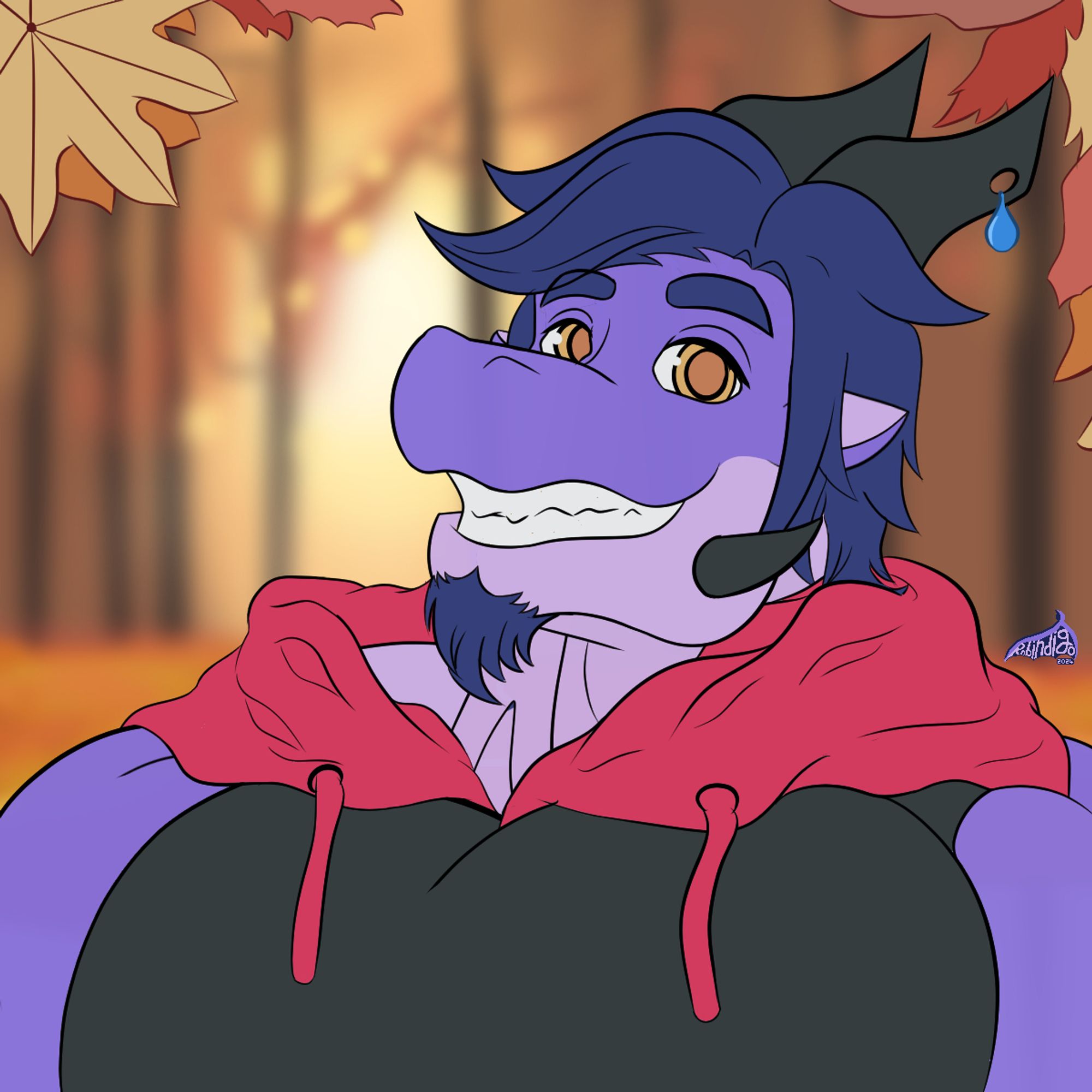 A purple dragon with a red and black sleeveless hoodie on, smiles calmly at you in an autumnal forest setting.