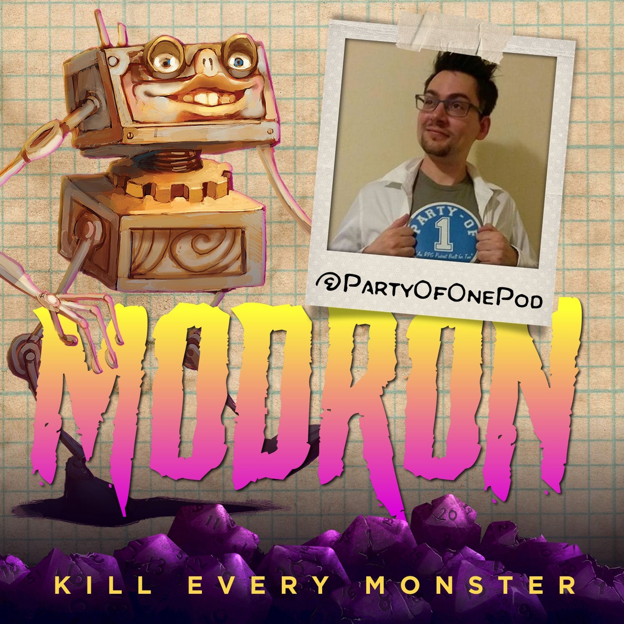 Cover of the Modron episode featuring Jeff Storm from the TTRPG podcast, "Party of 1."