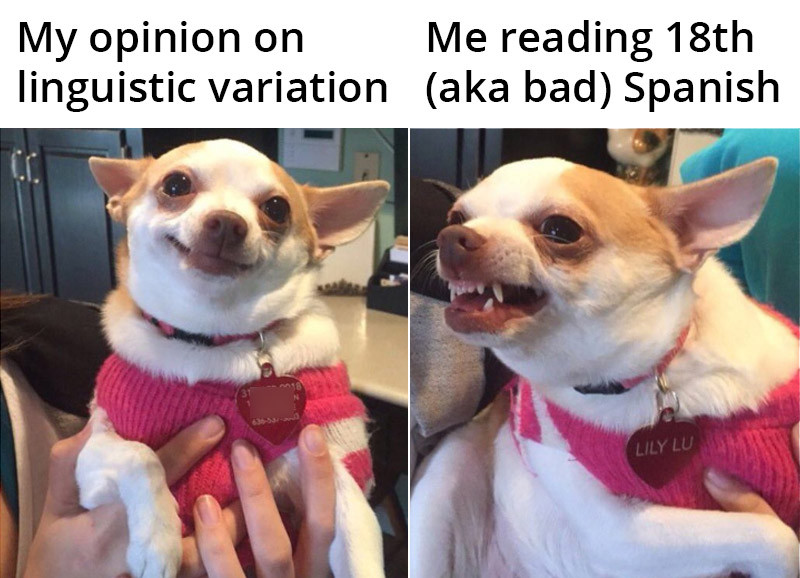 Meme of smiling/angry Lily Lu, the chihuahua. First pic, smiling chihuahua with text: My opinion on linguistic variation. Second pic, angry/barking chihuahua, text says: me reading 18th (aka bad) Spanish.