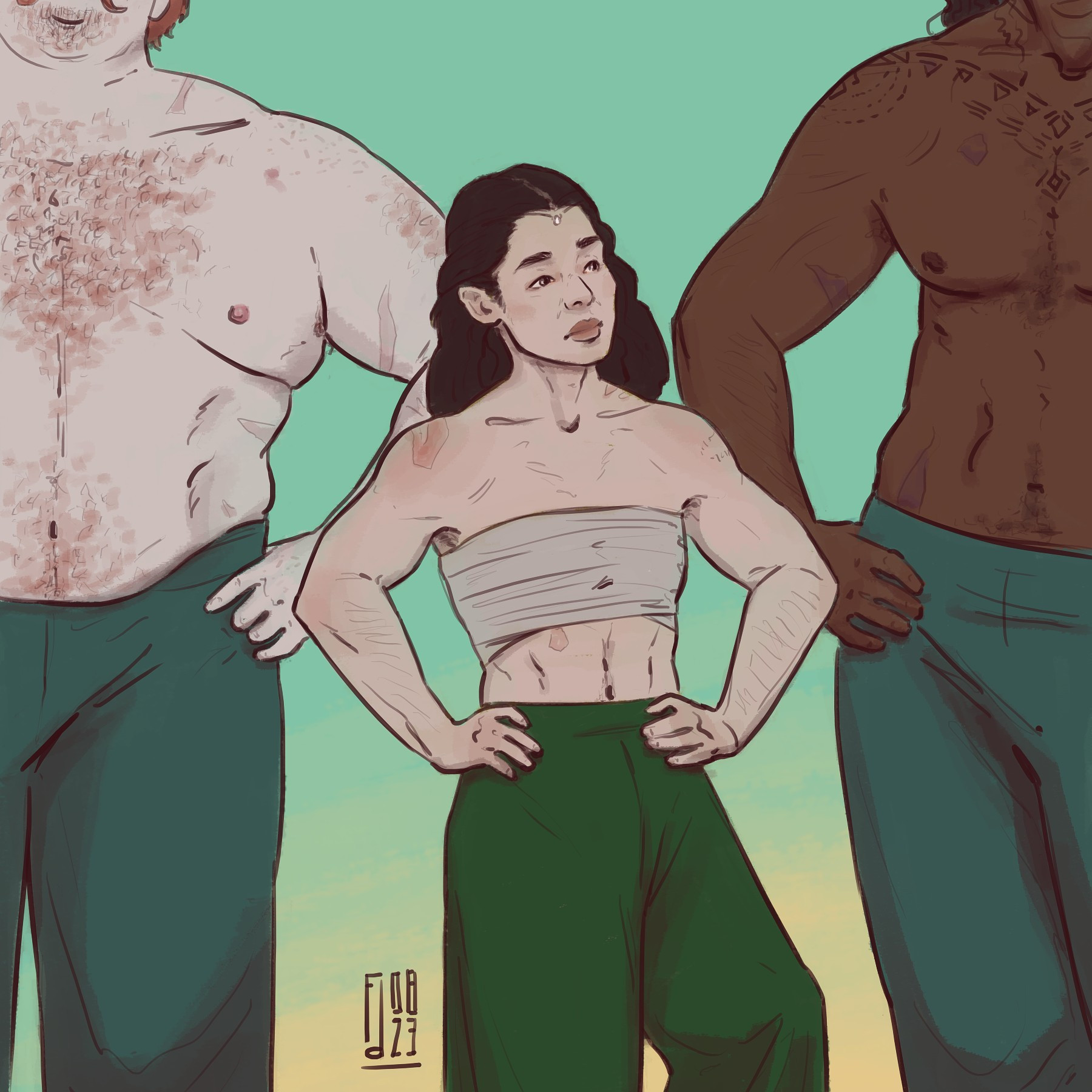 Illustration of Seonid Traighan, an Asian woman with dark hair and pale skin, surrounded by her two Warders, Teryl Wynter, a tall large white Man with red hair and a moustache, and Furen Alharra, a tall dark-skinned man with tattoos on his chest. They are all bare-chested, wearing large green trousers, the two men a little greyer. They all stand with their hands on their hips in disapproval