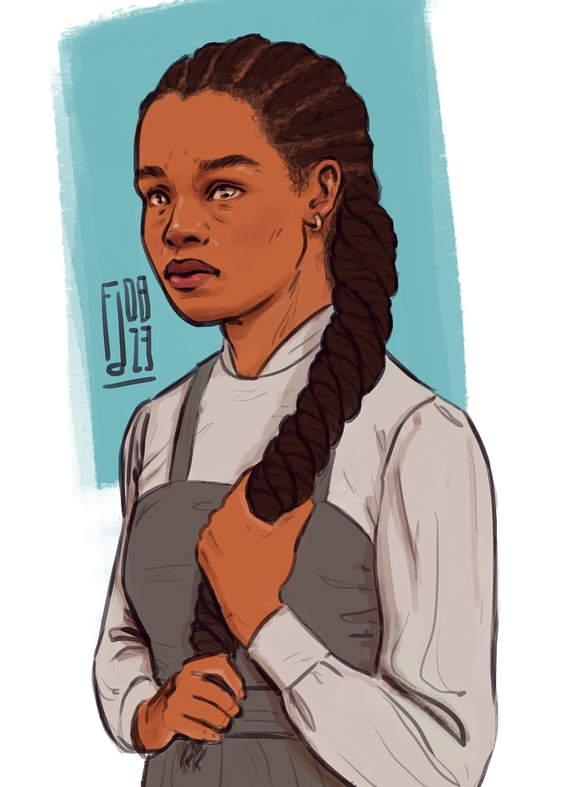 Drawing of Nynaeve al'Meara, a young black woman with brown skin and long braided hair tied in a large braid. She wears a white shirt with a high collar and a grey apron. She is tugging at her long braid, pulled over her shoulder. Her expression is slightly worried. The background is white with a blue-green square.