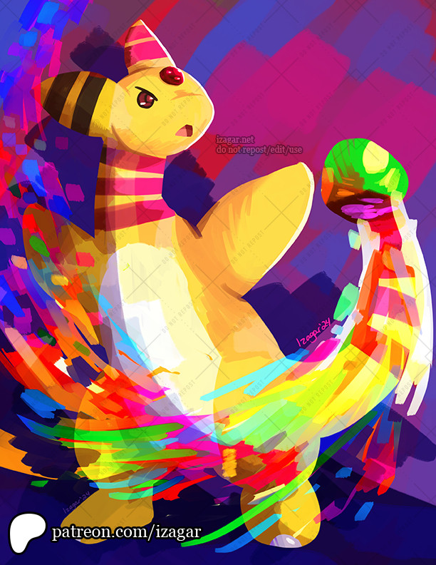 The Pokemon Ampharos, a yellow dinosaur-like sheep, using Signal Beam, which let's out multicolored lights from it's tail.