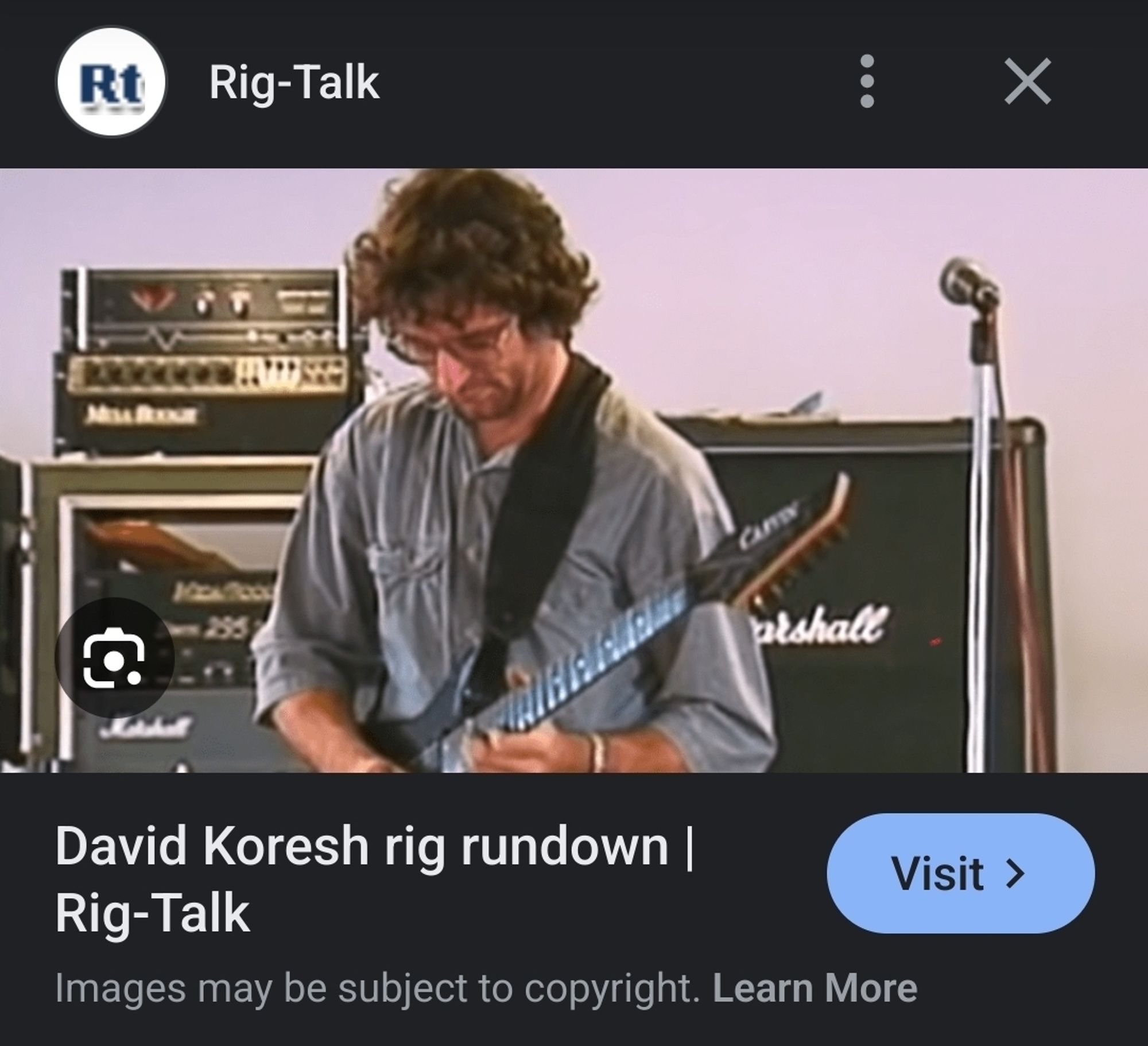 Search result for Rig-Talk guitar forum showing David Koresh shredding with the caption David Koresh rig rundown