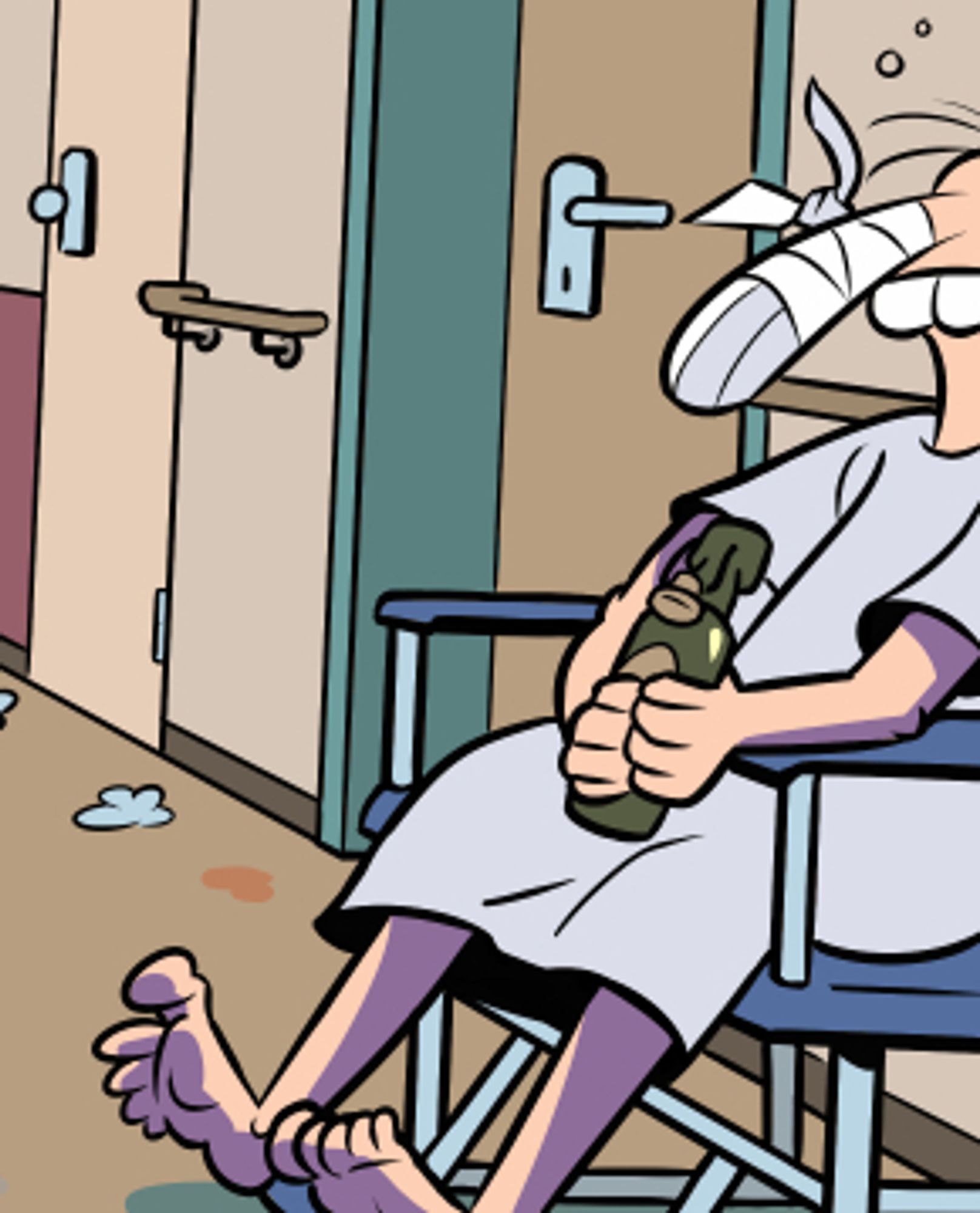 Comicbild mit Figur, die im Krankenhaus sitzt und Bölkstoff trinkt.