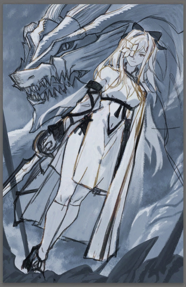 A rough sketch of the main character from video game Drakengard 3; Zero, standing with a sword on one hand with a proud expression. Behind her is her dragon partner; Mikhail.