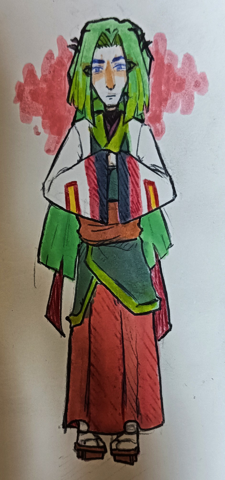 Xatu pokehuman/gijinka design

ID: [Fullbody of a human with east asian features  staring at the camera with deep eyes. He has long, green hair with yellow streaks on the end, and two red streaks longer than the rest resting on the back. On his hairs there's also a couple of red feathers, and long curtain bangs with dye resembling two eyes. He's wearing clothes inspired by a kimono in red, layered with one on green on top. He's also wearing a haori in white white with the wings' pattern. For shoes, he's using sandals inspired by Geta, and long white socks.
(I apologize in advance if any of the clothing is innacurate, I drew this from memory and couldn't look for accurate references at the time)]