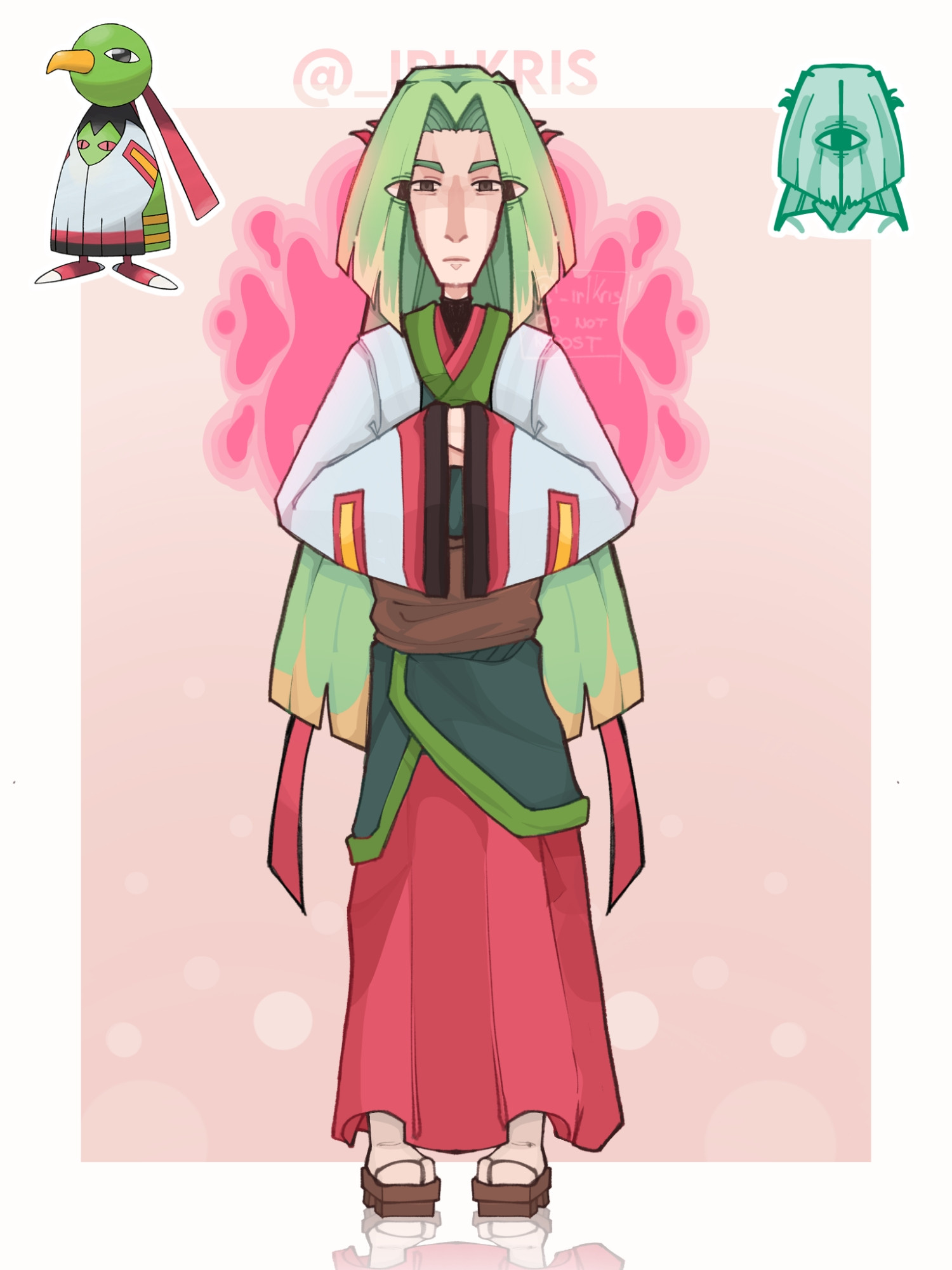 Xatu gijinka/pokehuman

ID: [Fullbody of a human with east asian features  staring at the camera with deep eyes. He has long, green hair with yellow streaks on the end, and two red streaks longer than the rest resting on the back. On their hair there's also a couple of red feathers, and long curtain bangs with dye resembling two eyes. He's wearing clothes inspired by a kimono in red, layered with one on green on top. They're also wearing a haori in white white with the wings' pattern. For shoes, he's using sandals inspired by Geta, and long white socks.
On the canvas there's also a Xatu png, a doodle of their bangs covering her face, and forming the shape of an eye with the pattern, and a pink blob representing psychic energy.
(I apologize in advance if any of the clothing is innacurate or disrespectful, this art was not made with such intentions. If anyone thinks so, I am open to changing things from their design for the better, thank you for reading.)]