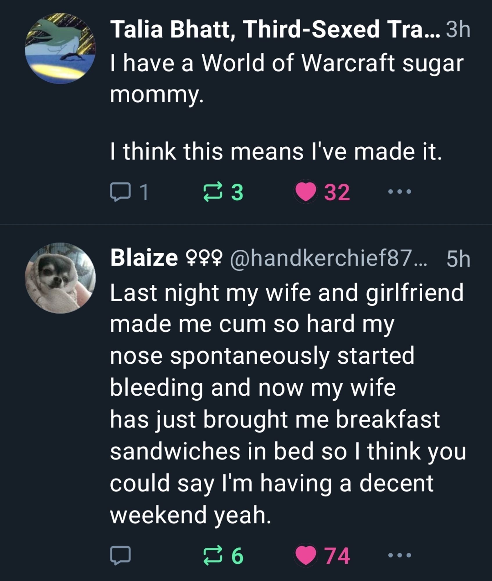 two skeets, one from @enkiducoin.bsky.social that reads

"I have a World of Warcraft sugar mommy.

I think this means I've made it."

and one from @handkerchief874.bsky.social that reads

"Last night my wife and girlfriend made me cum so hard my nose spontaneously started bleeding and now my wife has just brought me breakfast sandwiches in bed so I think you could say I'm having a decent weekend yeah."