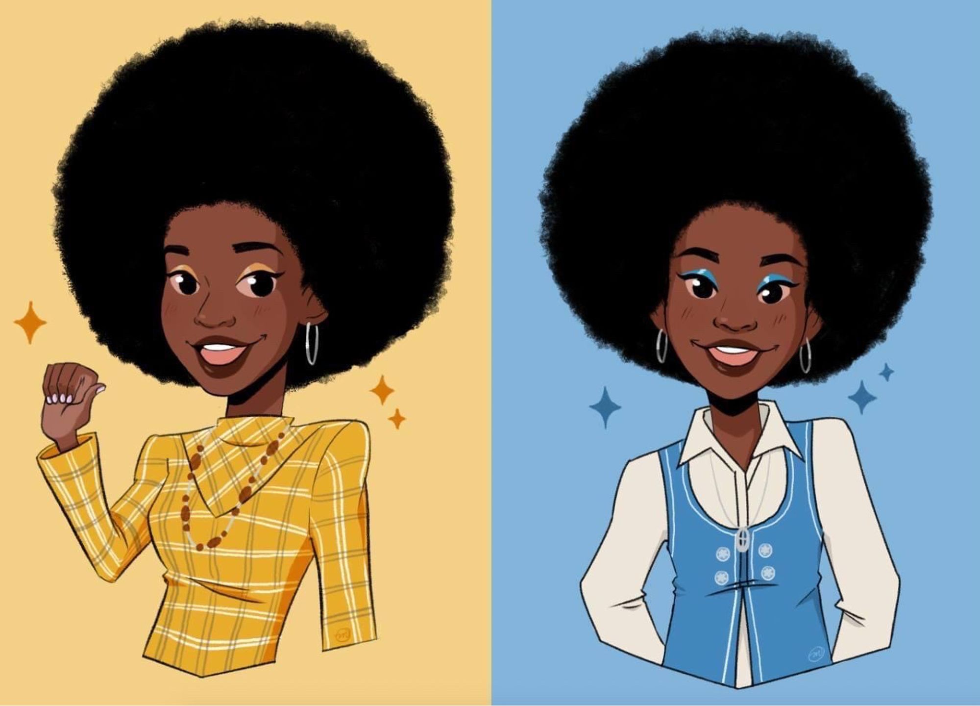 Two illustrations of Monica Rambeau as portrayed by Teyonah Parris in WandaVision. The artwork shows her in both of her 70s outfits that were in the series.