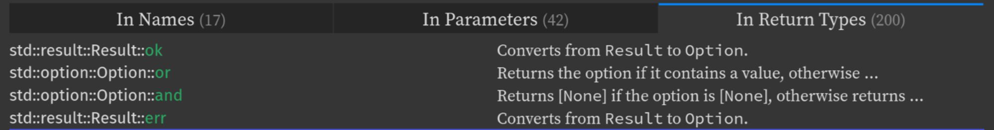 Rustdoc of rust version 1.50.0 showing that it already had the capability to search by return type.