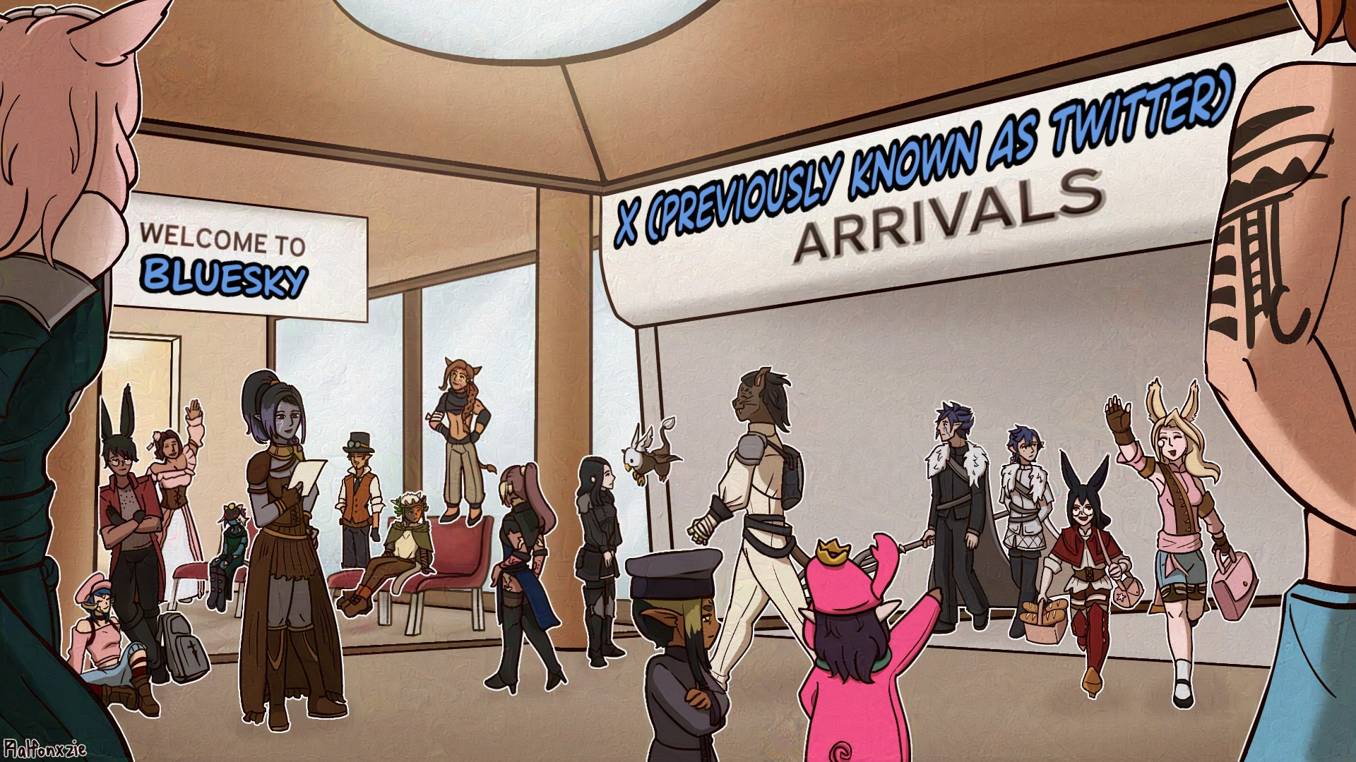 digital illustration inspired by FF14 announcing a test run of Data Center Region travel turned into a meme

Features a crowd of people going about in an area of an airport. On the right side shows a path with the name "X (previously known as Twitter) Arrivals" and people coming from it, moving towards the left, where a sign says, "Welcome to Bluesky"