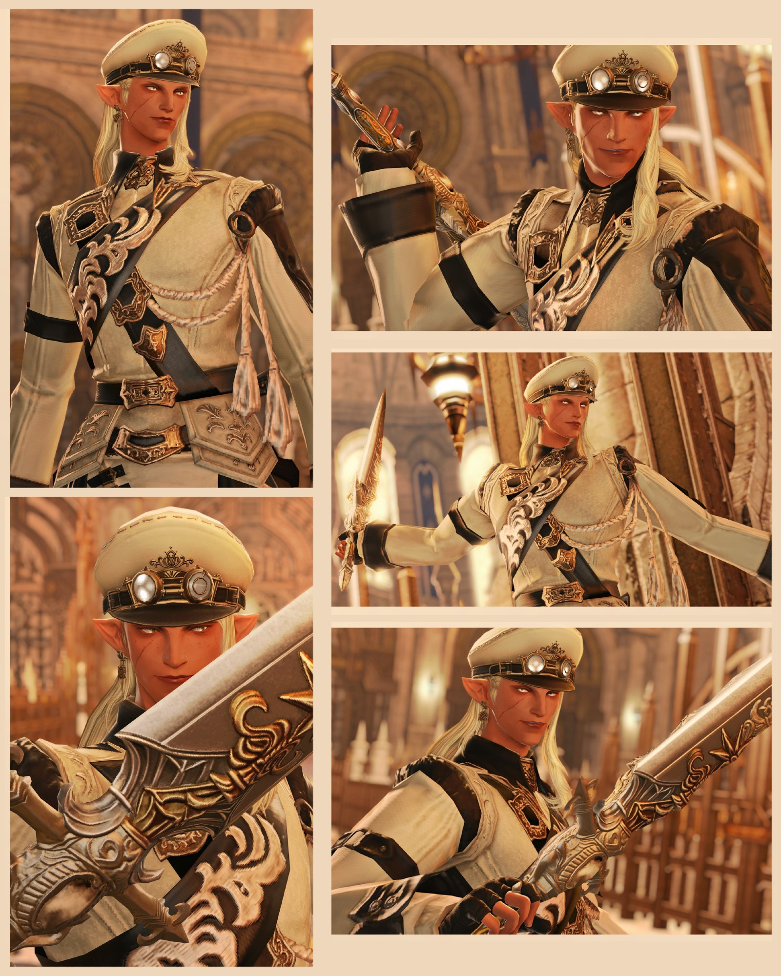 FFXIV screenshot collage of an elven man in a knightly commander outfit, wielding a sword, in a church setting