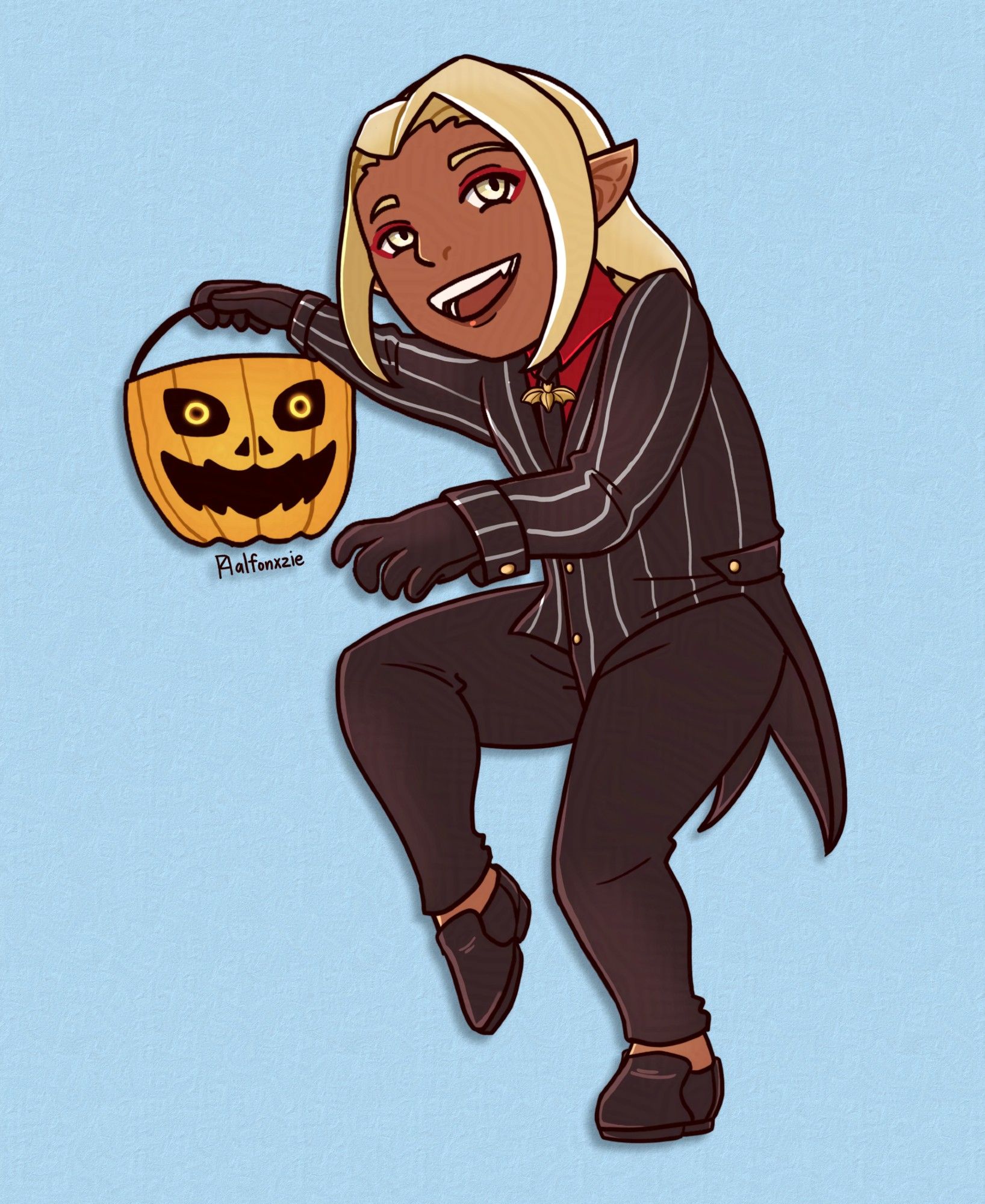 digital art of a chibi-esque brown-skinned elven man with long blonde hair, smiling wildly, his fangs showing. He's seemingly tip-toeing, arms outward, one hand holding onto a grinning jack-o-lantern Halloween basket. He's wearing a black pinstripe suit with a coattail, golden buttons and a bat broach on his necktie